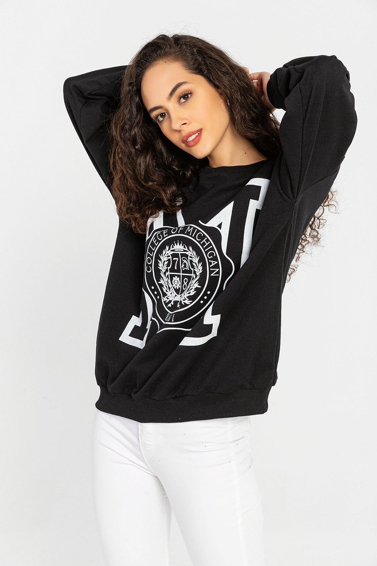 Kadın Önü Baskı Detaylı Bisiklet Yaka Sweatshirt