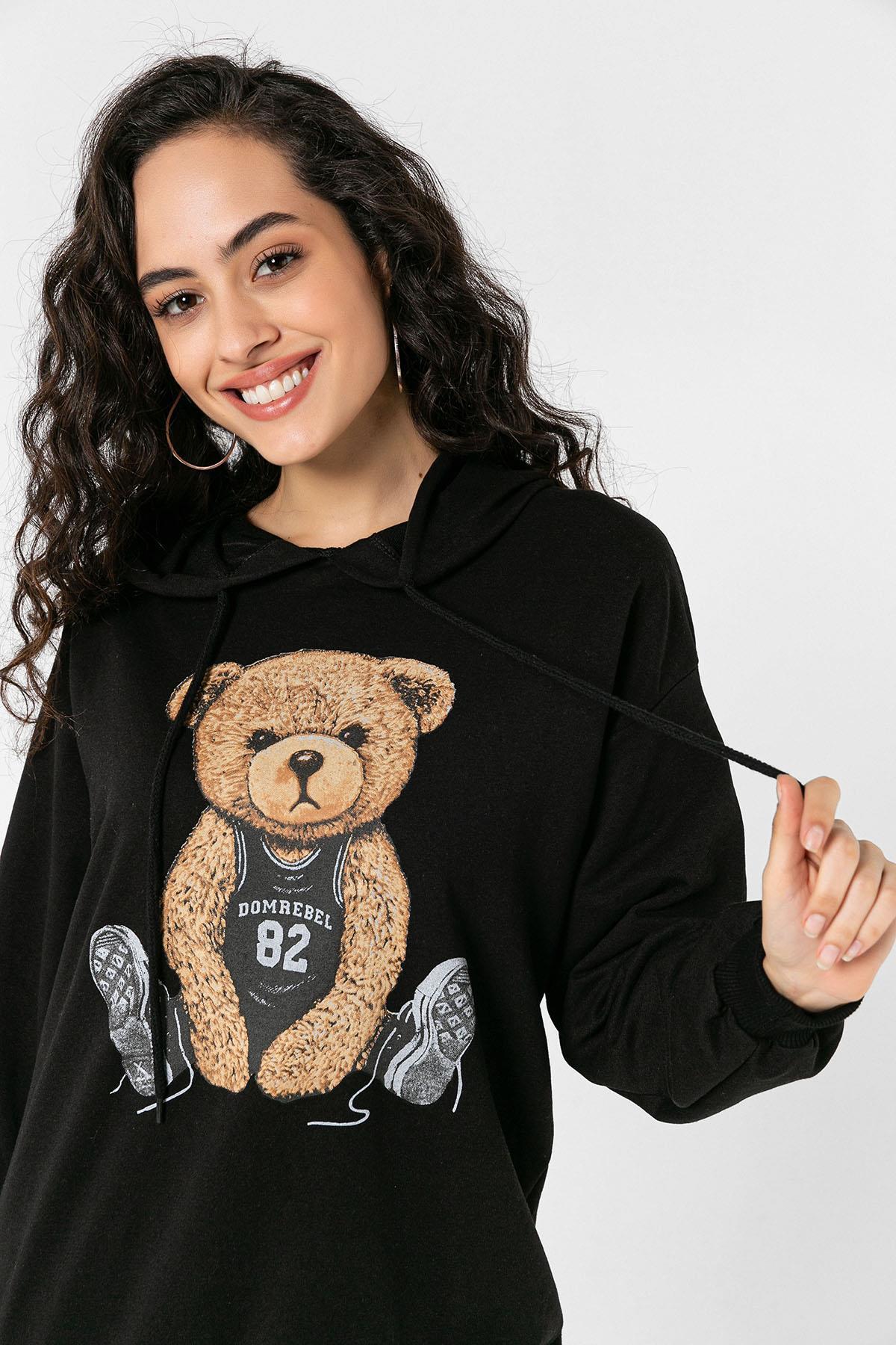 Kadın Önü Baskı Detaylı Kapüşonlu Sweatshirt