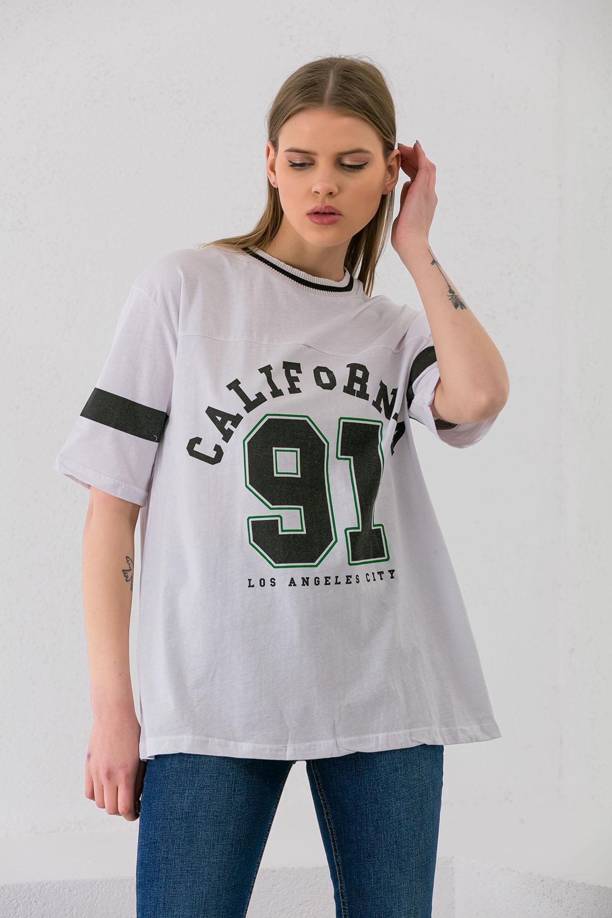 Kadın Önü Baskı Detaylı Oversize T-shirt