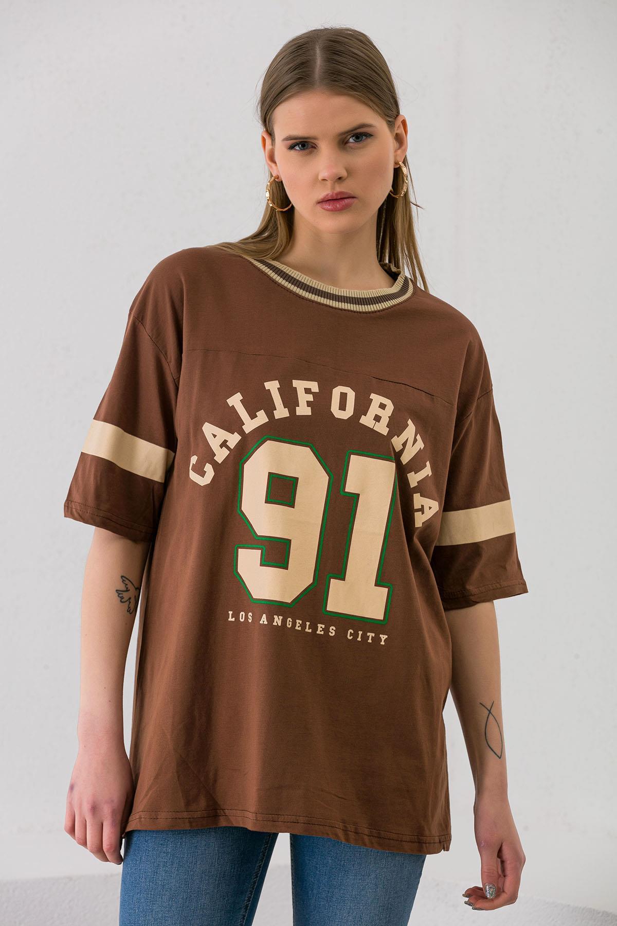 Kadın Önü Baskı Detaylı Oversize T-shirt