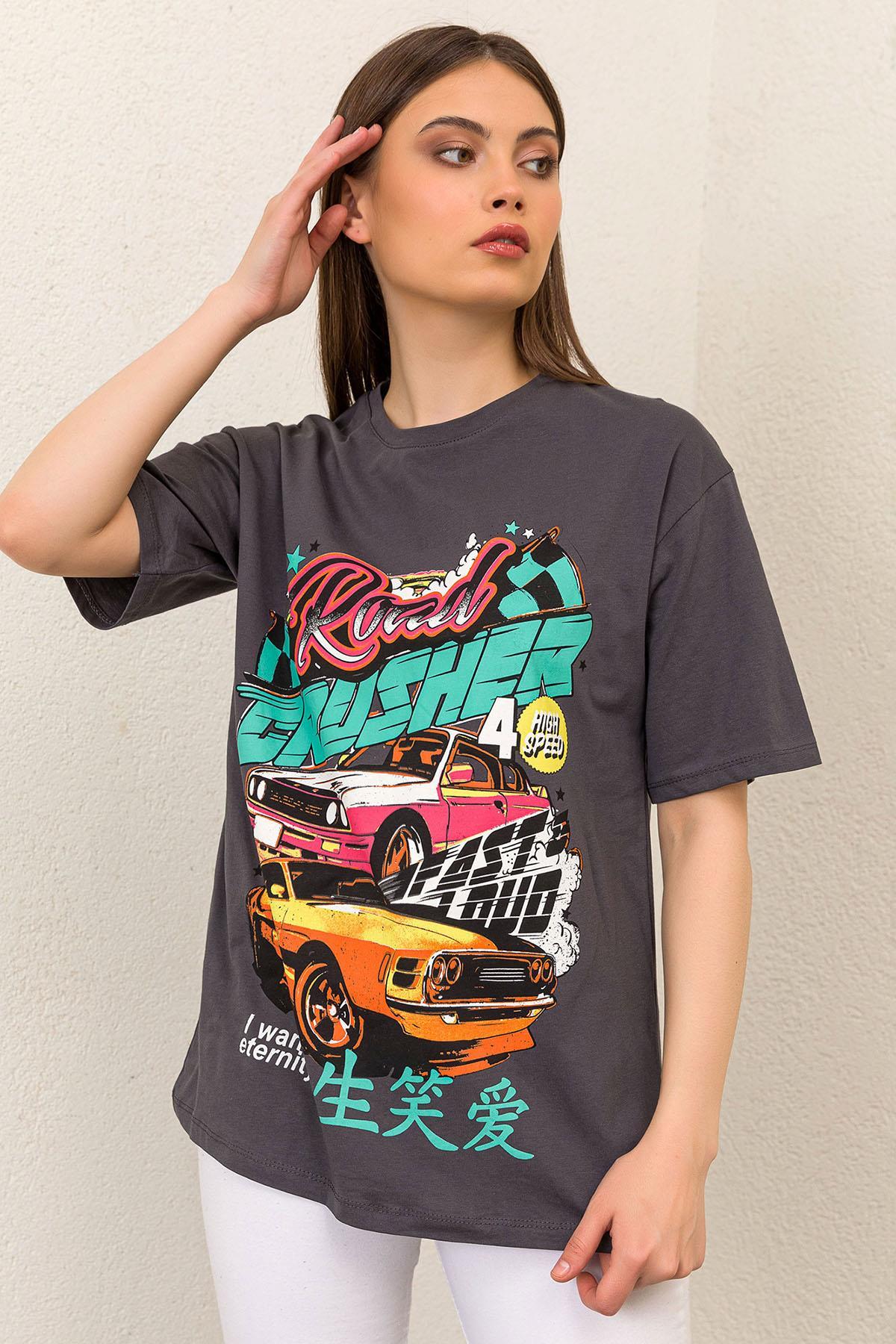 Kadın Önü Baskı Detaylı Oversize Tişört