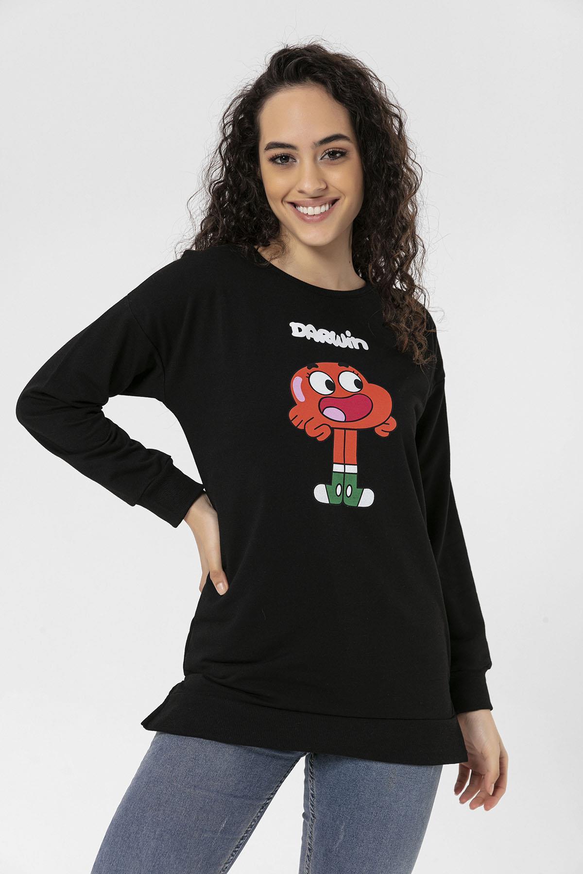 Kadın Önü Baskı Yanı Yırtmaç Detaylı Bisiklet Yaka Sweatshirt