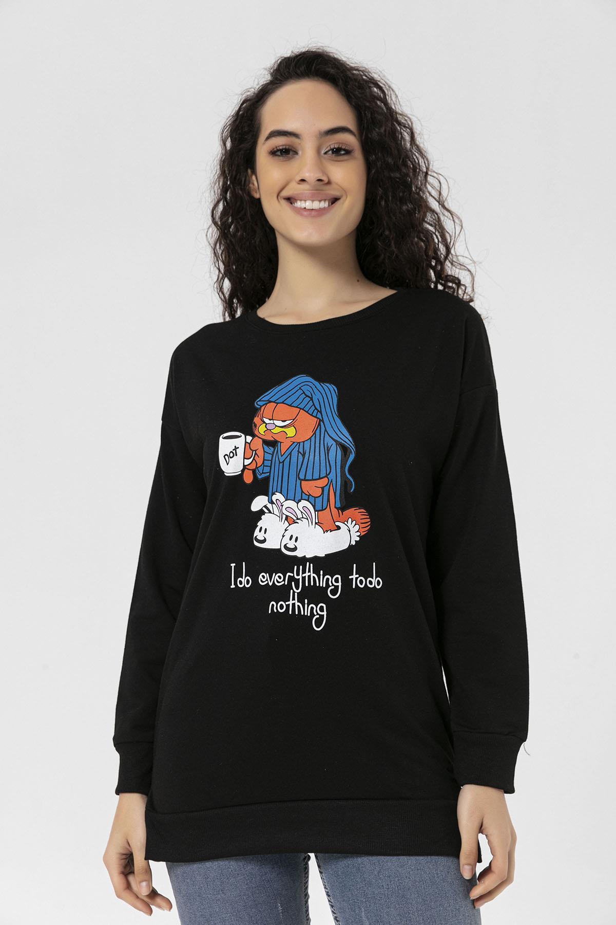 Kadın Önü Baskı Yanı Yırtmaç Detaylı Bisiklet Yaka Sweatshirt