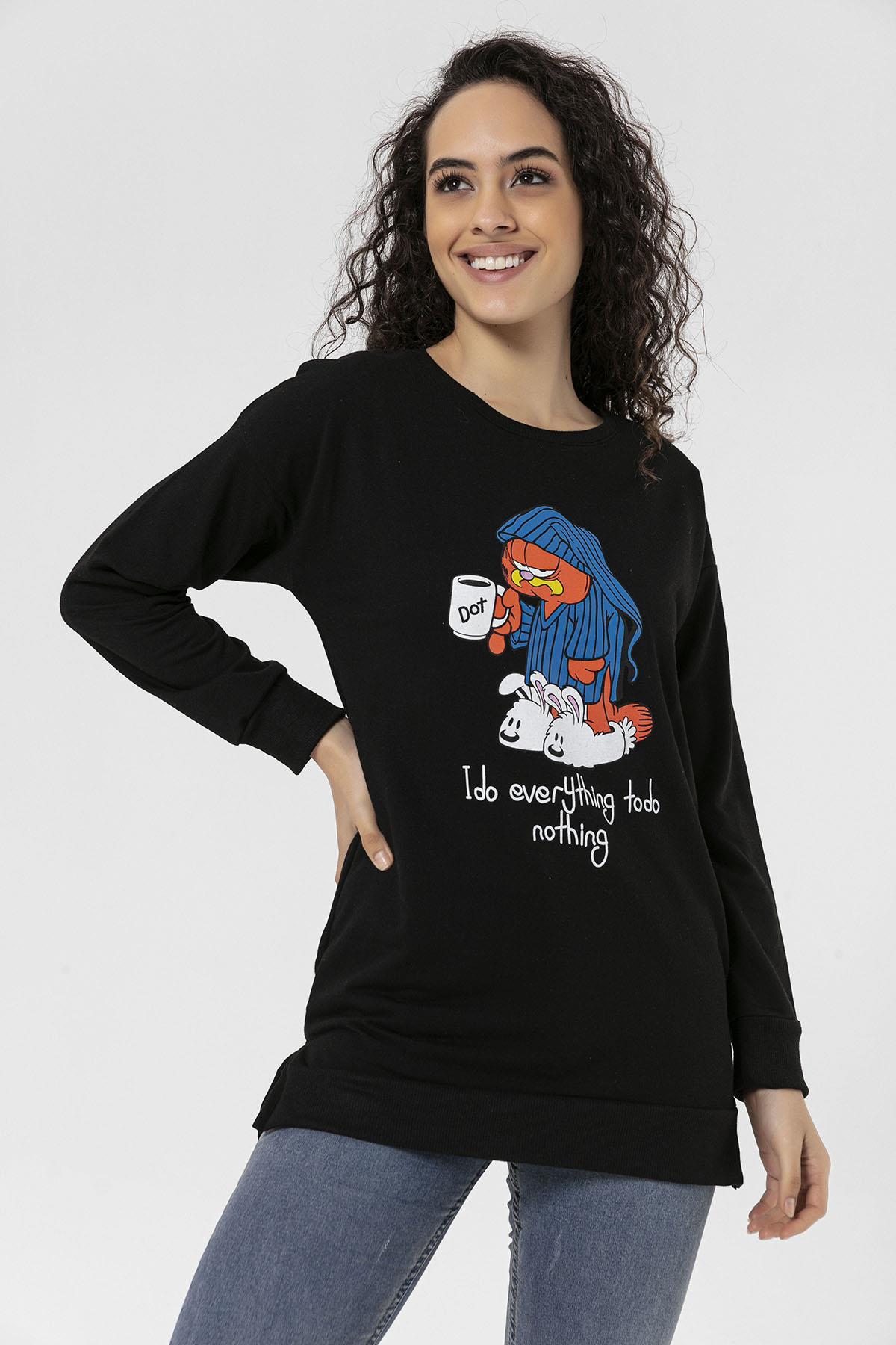 Kadın Önü Baskı Yanı Yırtmaç Detaylı Bisiklet Yaka Sweatshirt