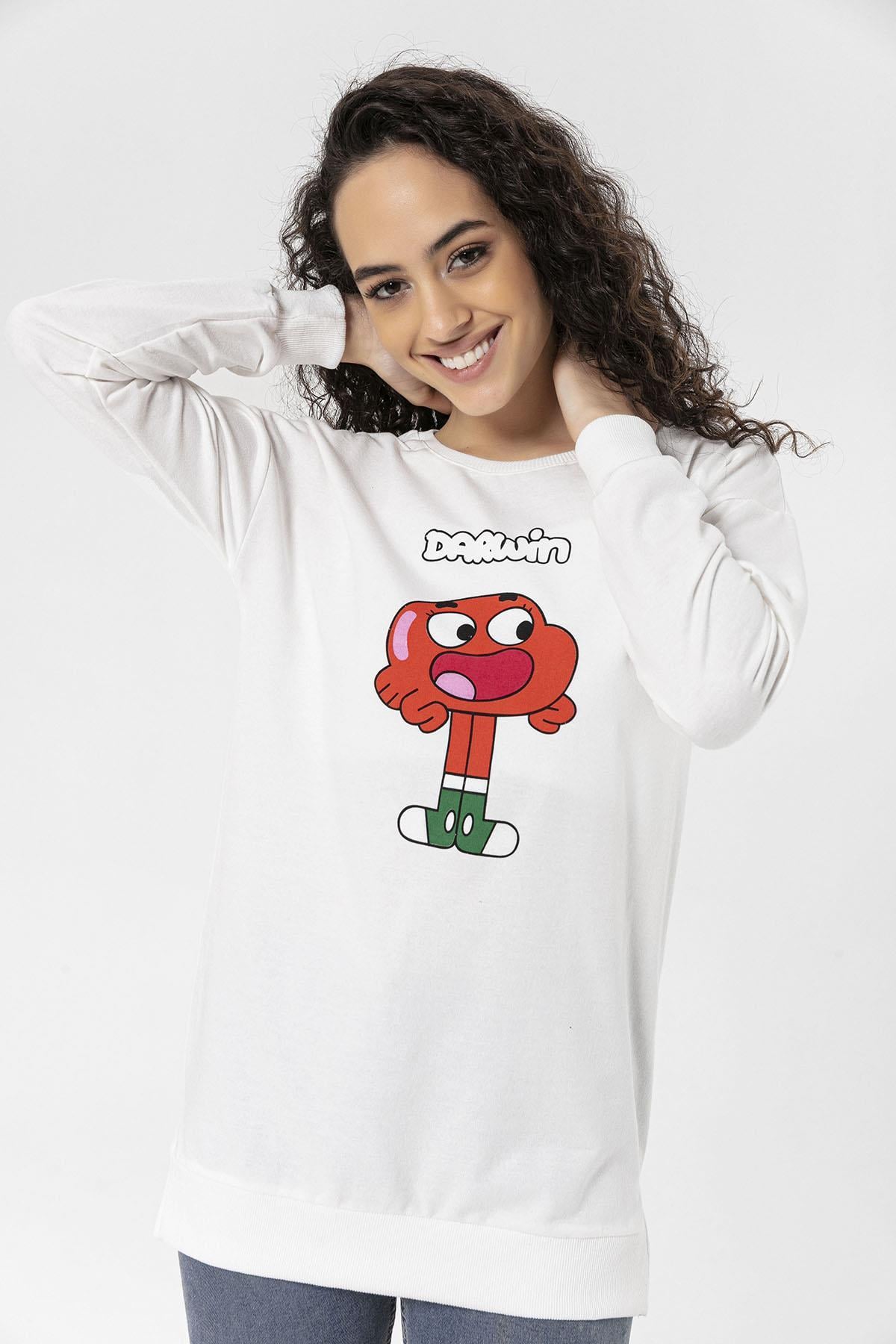 Kadın Önü Baskı Yanı Yırtmaç Detaylı Bisiklet Yaka Sweatshirt