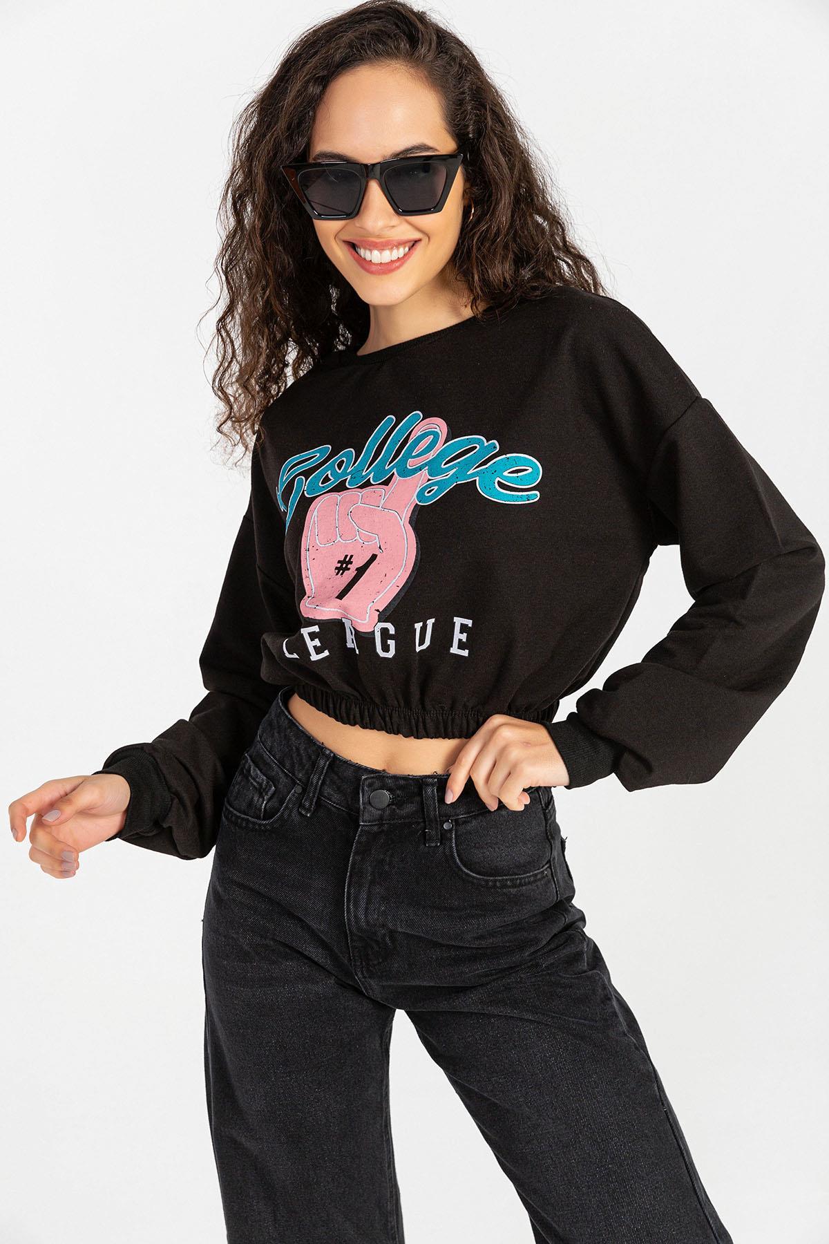 Kadın Önü Baskılı Beli Lastikli Kısa Sweatshirt