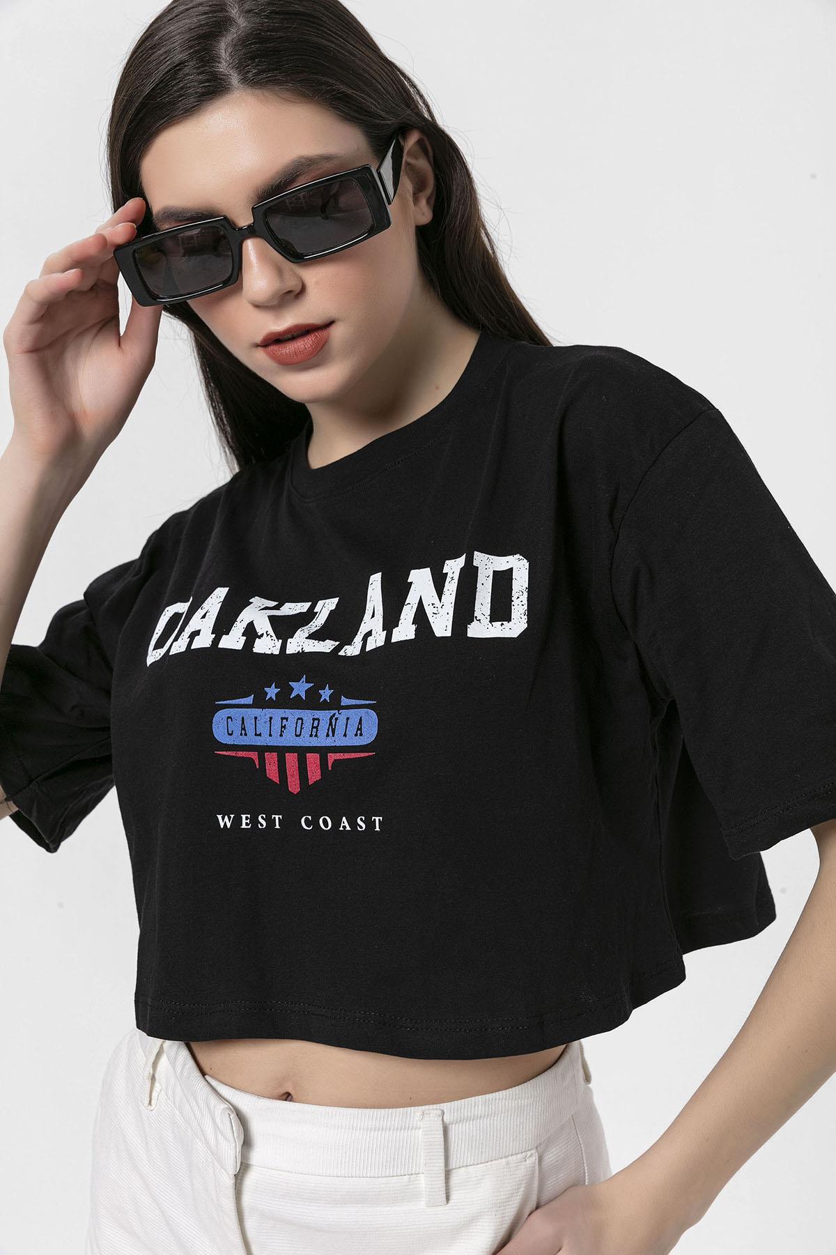 Kadın Önü Baskılı Bisiklet Yaka Kısa Oversize T-Shirt