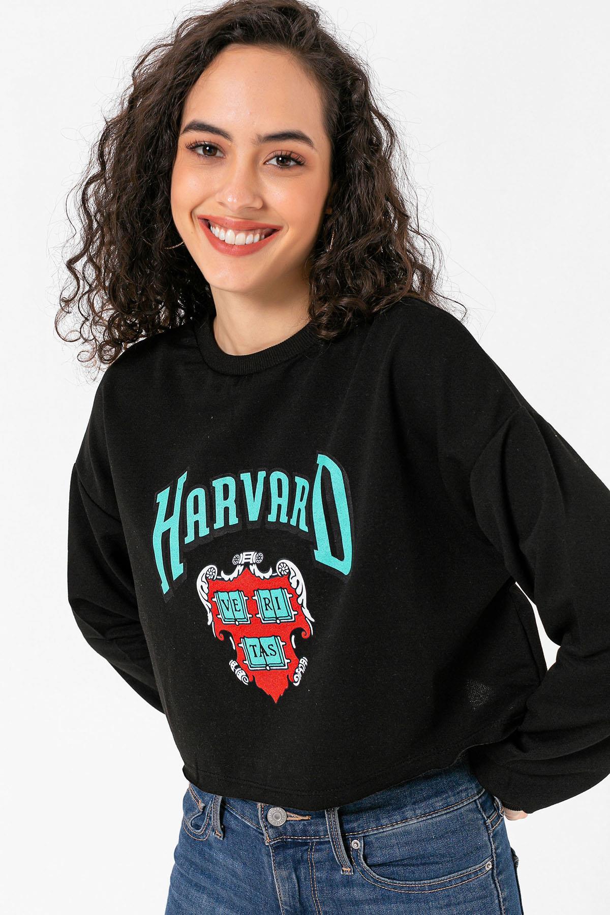 Kadın Önü Baskılı Bisiklet Yaka Lazer Kesim Kısa Sweatshirt