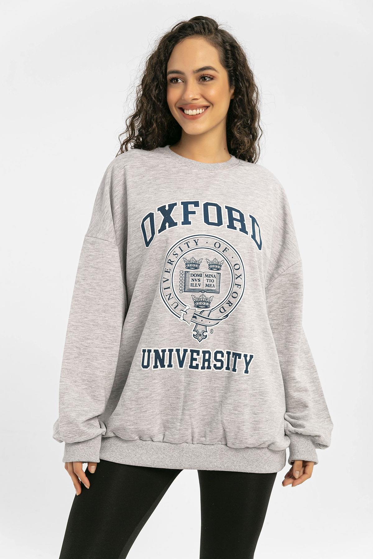 Kadın Önü Baskılı Bisiklet Yaka Oversize Sweatshirt