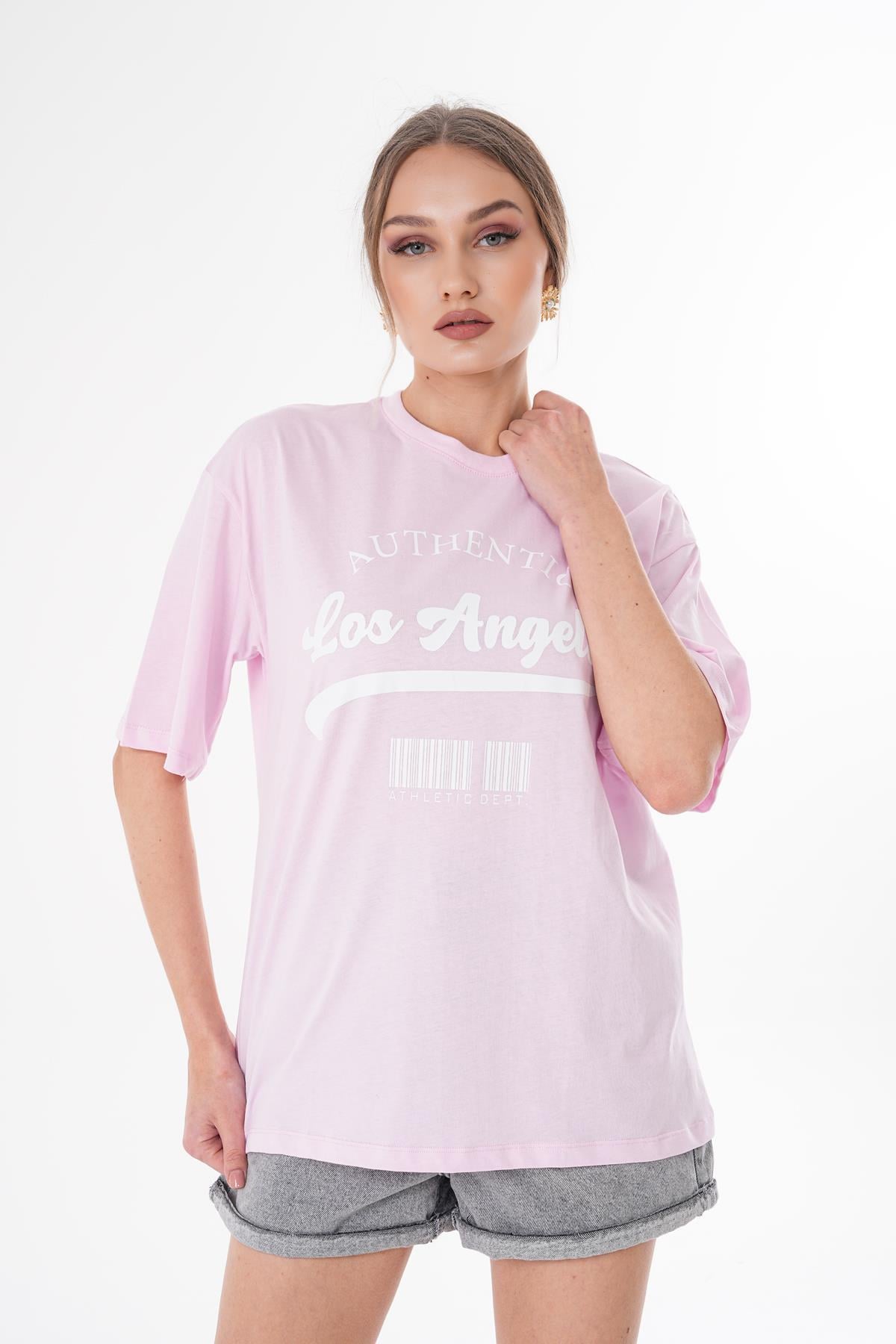 Kadın Önü Baskılı Bisiklet Yaka Oversize Tişört 260387 -