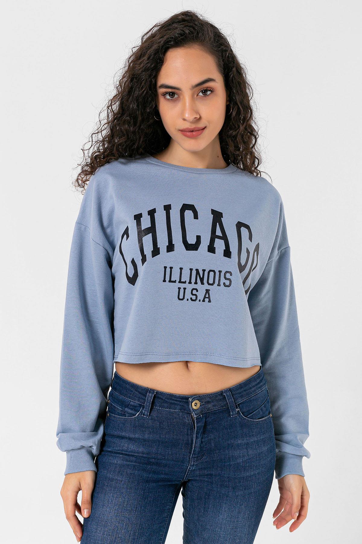 Kadın Önü Baskılı Bisiklet Yaka Sweatshirt