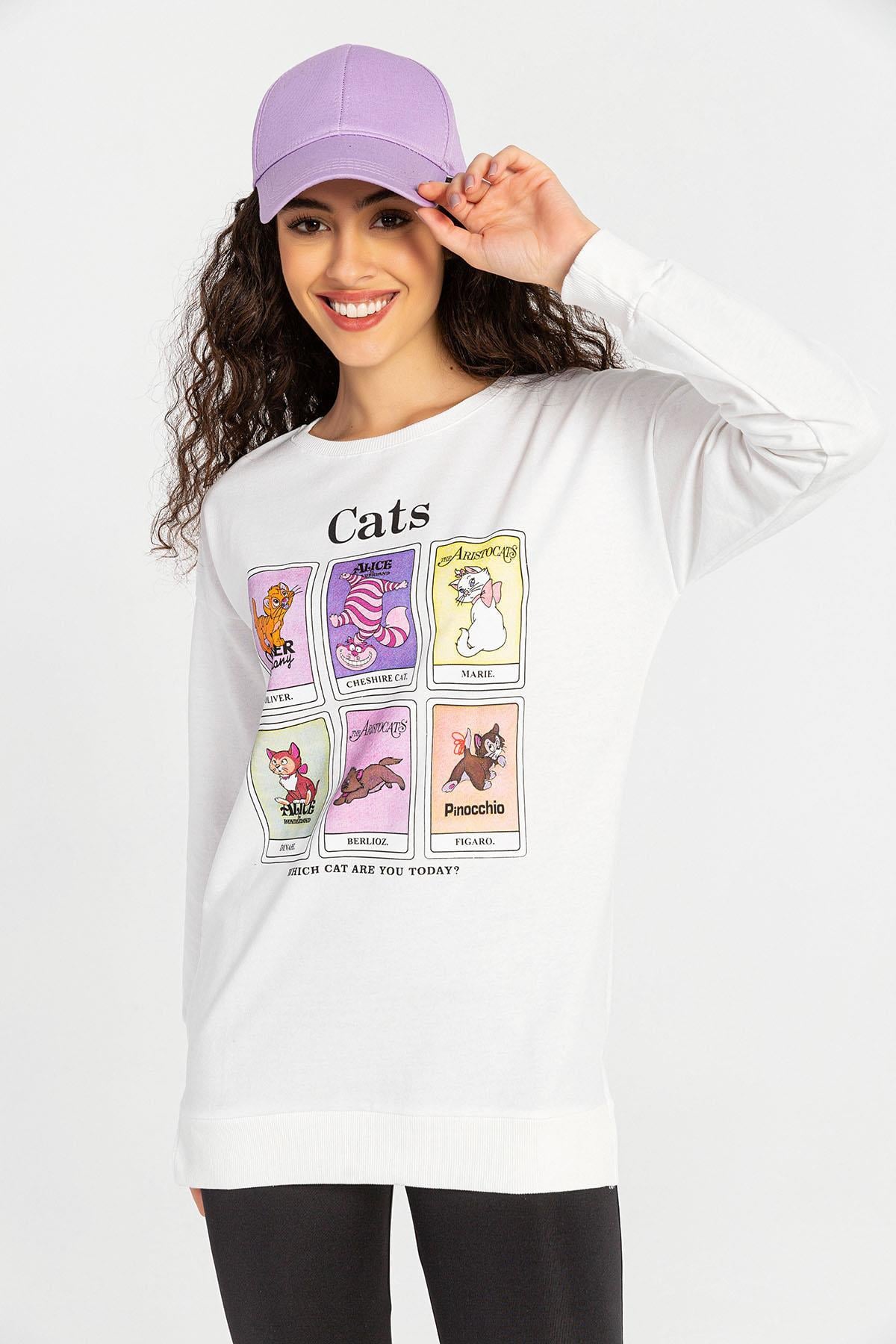 Kadın Önü Baskılı Bisiklet Yaka Sweatshirt