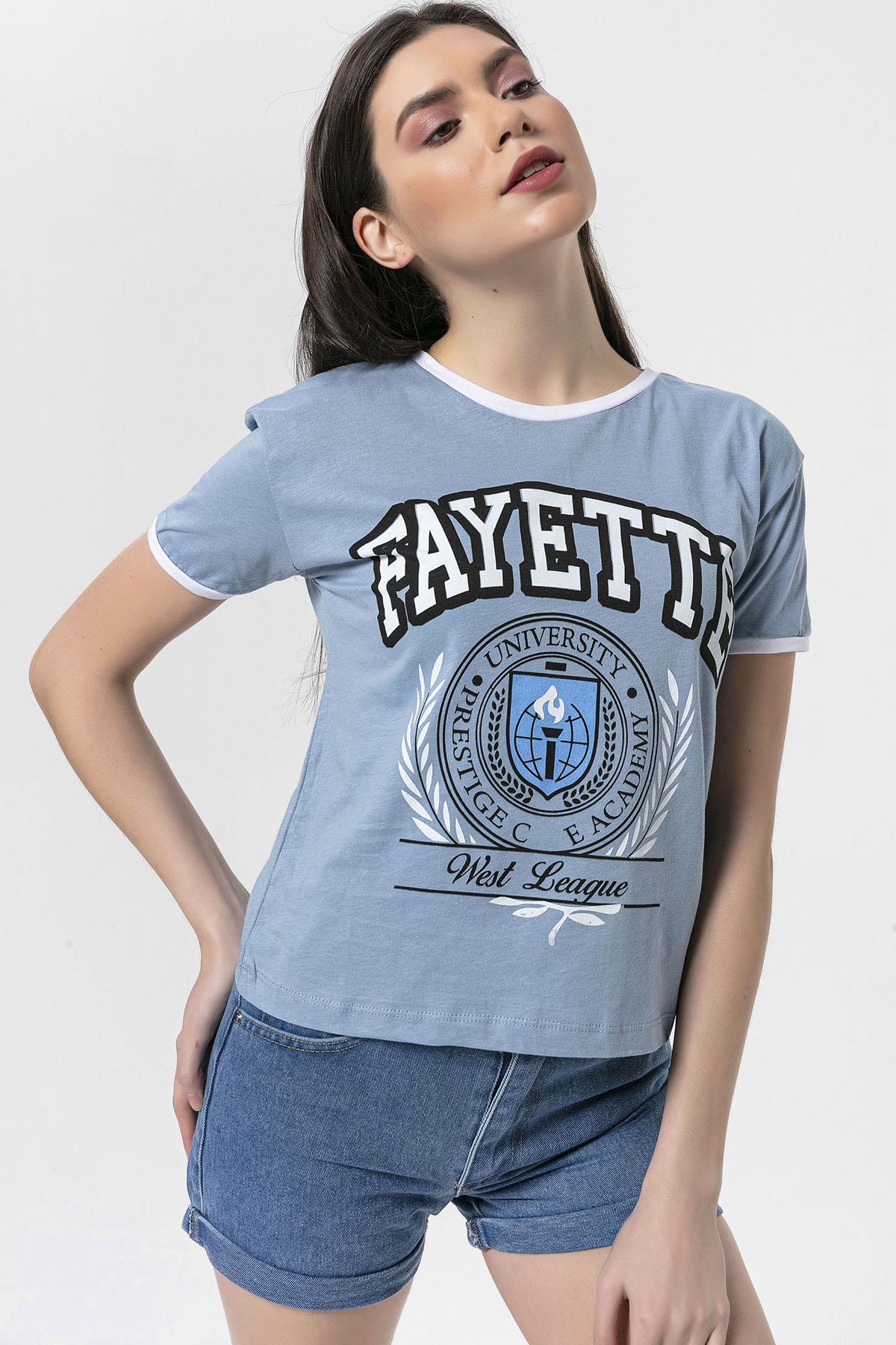 Kadın Önü Baskılı Bisiklet Yaka T-Shirt