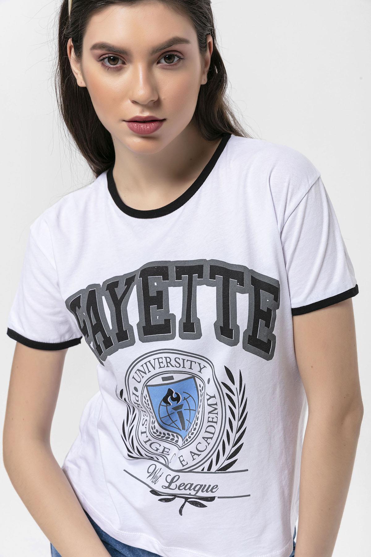 Kadın Önü Baskılı Bisiklet Yaka T-Shirt