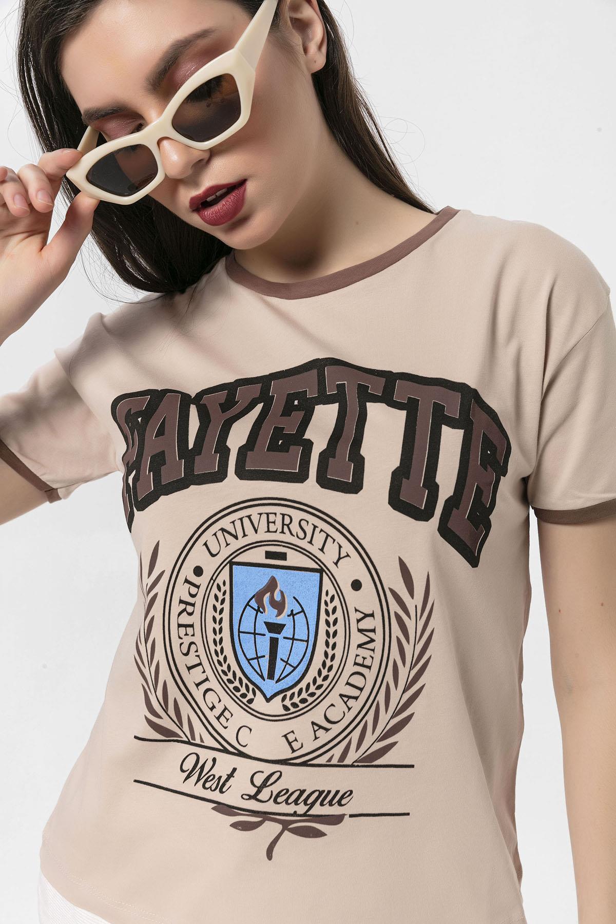 Kadın Önü Baskılı Bisiklet Yaka T-Shirt