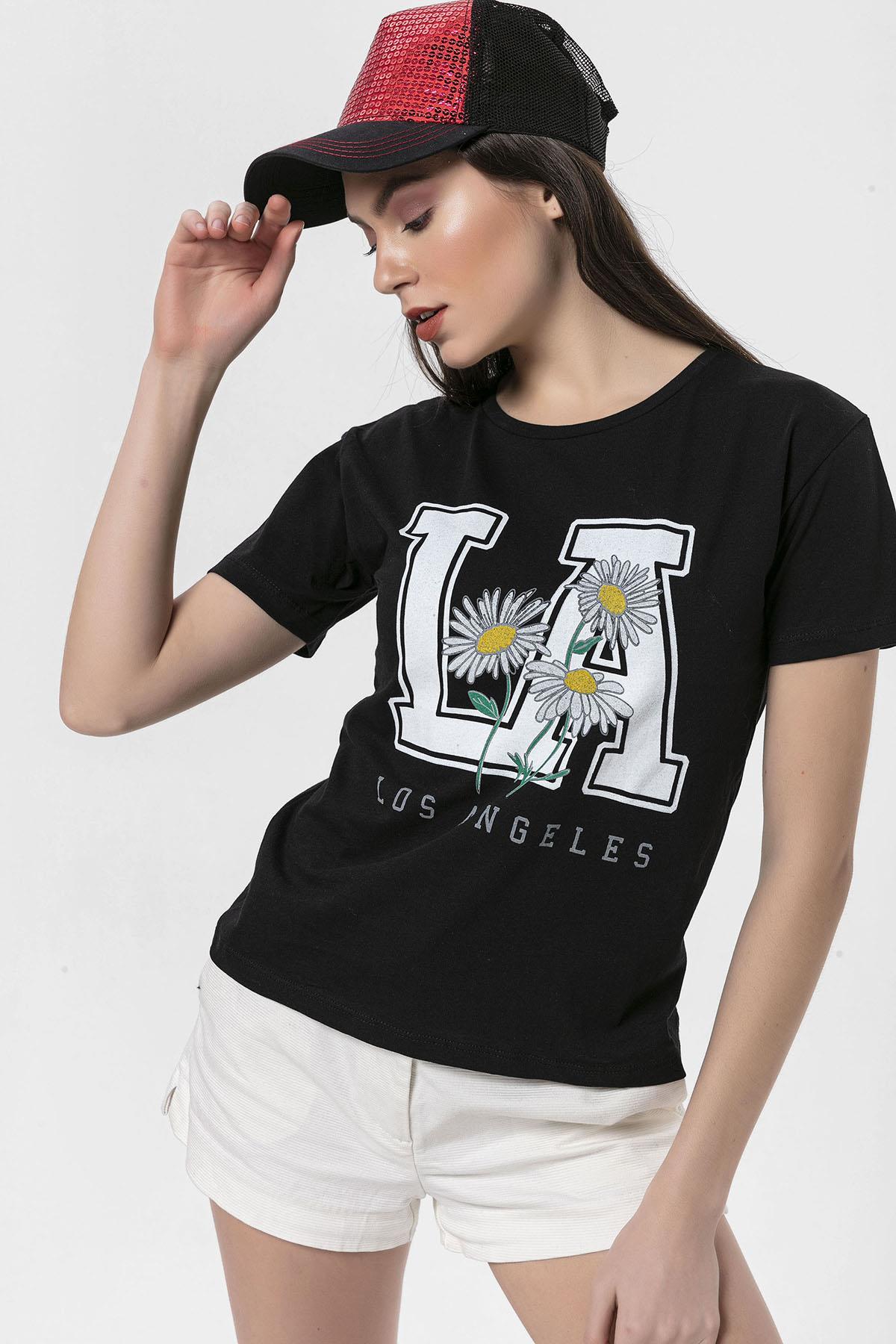 Kadın Önü Baskılı Bisiklet Yaka T-Shirt