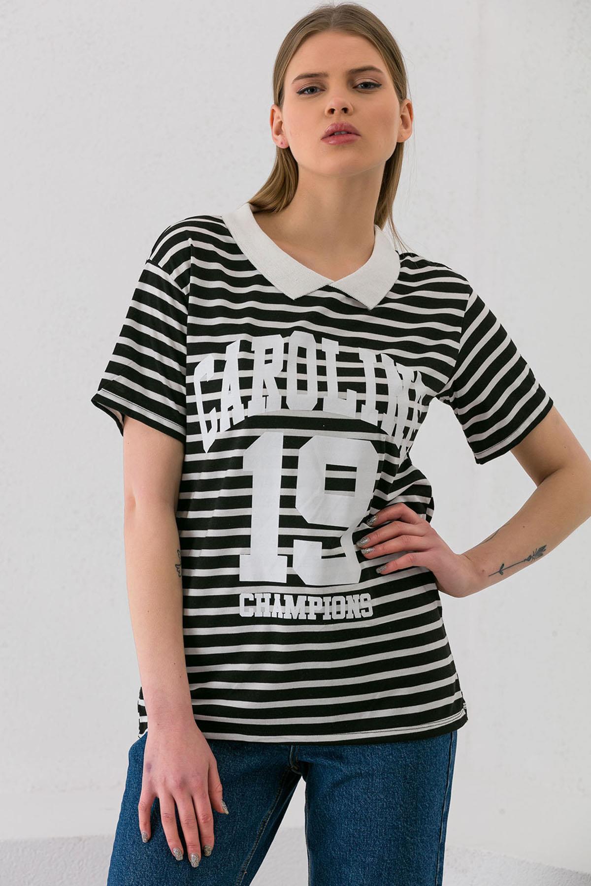 Kadın Önü Baskılı Çizgili Yaka Detaylı T-shirt