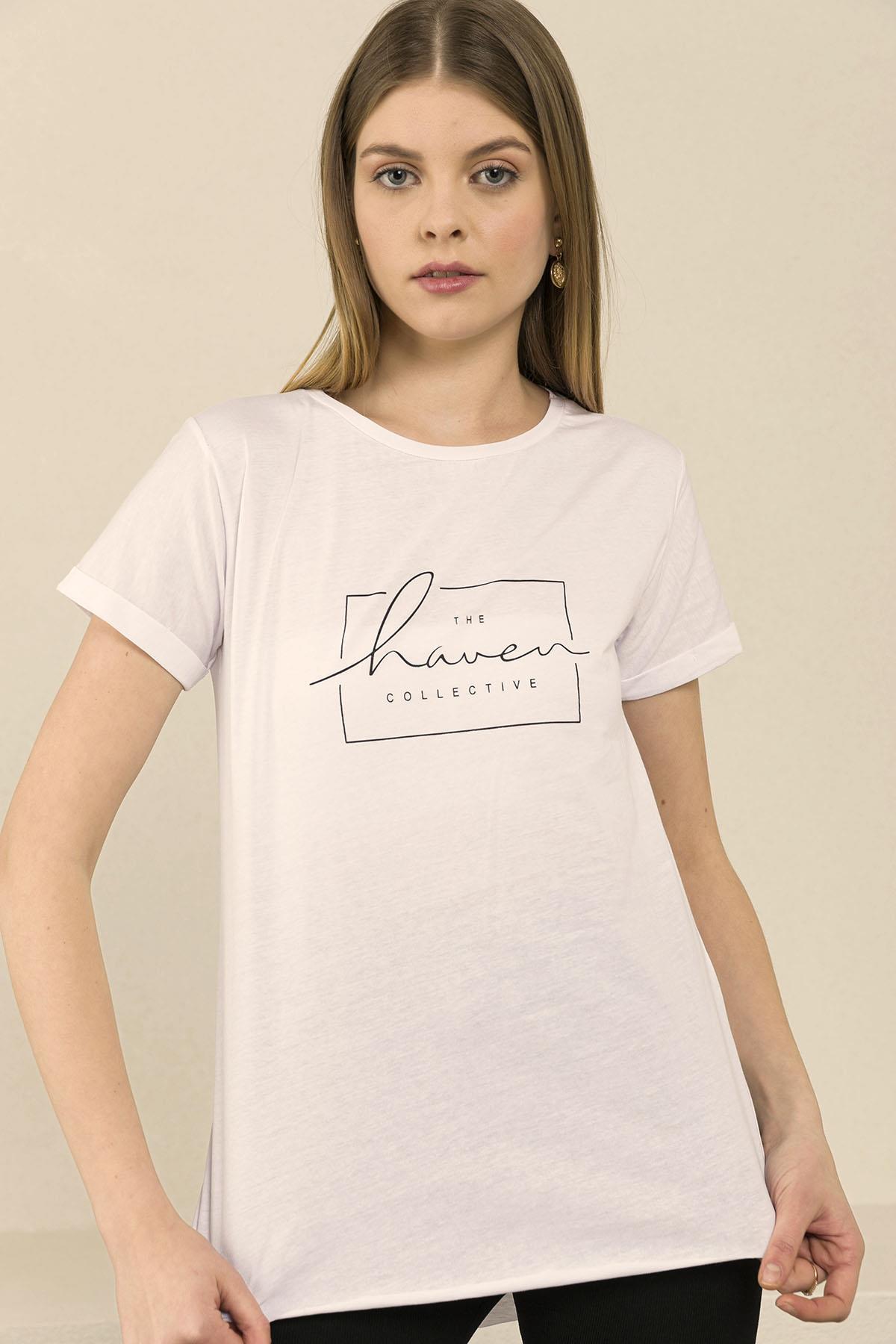 Kadın Önü Baskılı Duble Kol Arkası Uzun T-Shirt