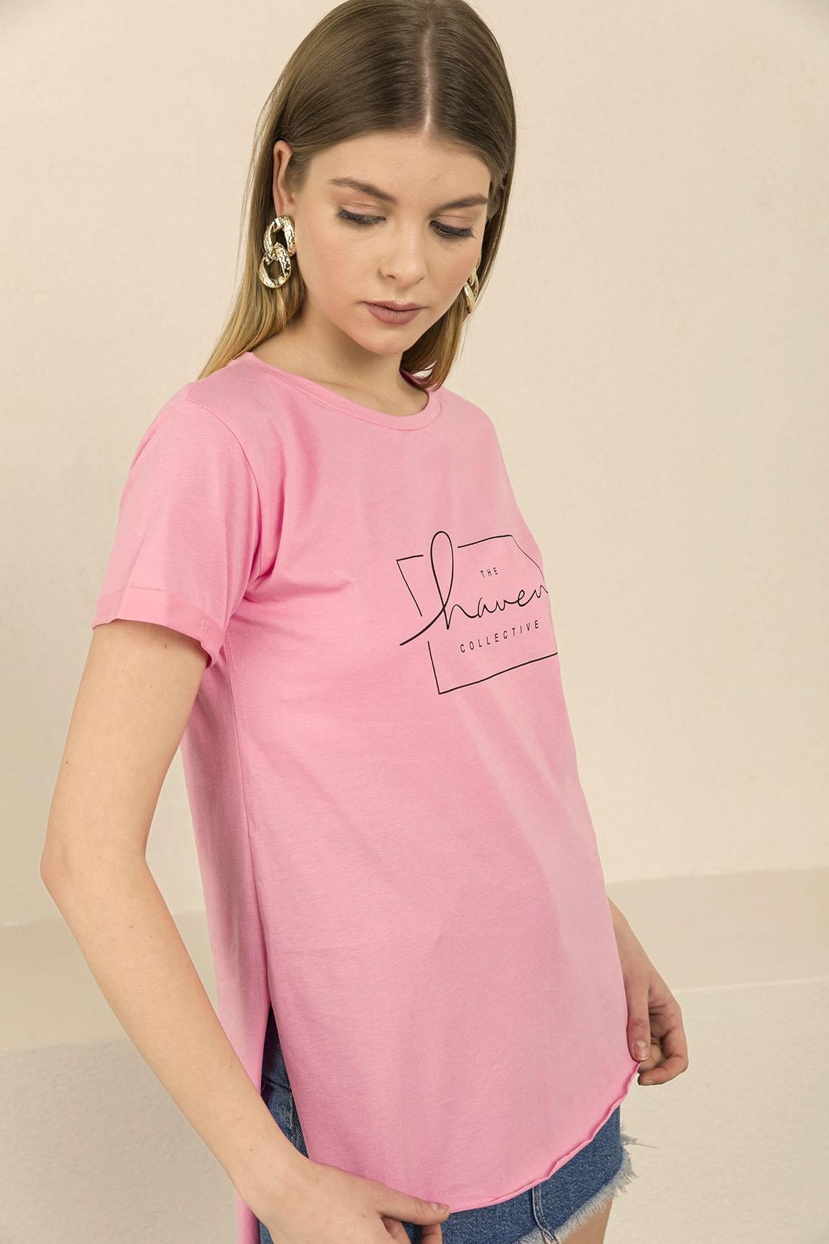 Kadın Önü Baskılı Duble Kol Arkası Uzun T-Shirt