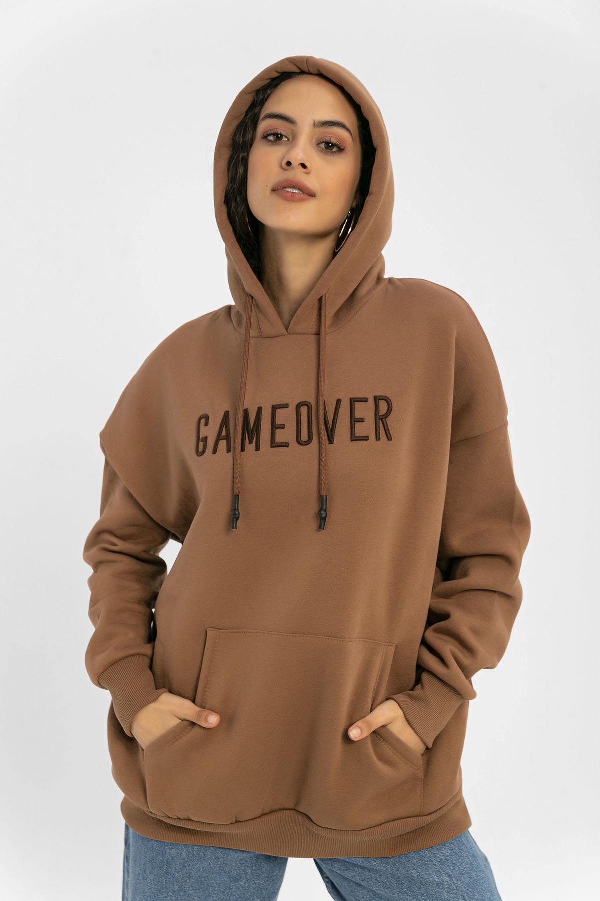 Kadın Önü Baskılı Kanguru Cepli Kapüşonlu Sweatshirt