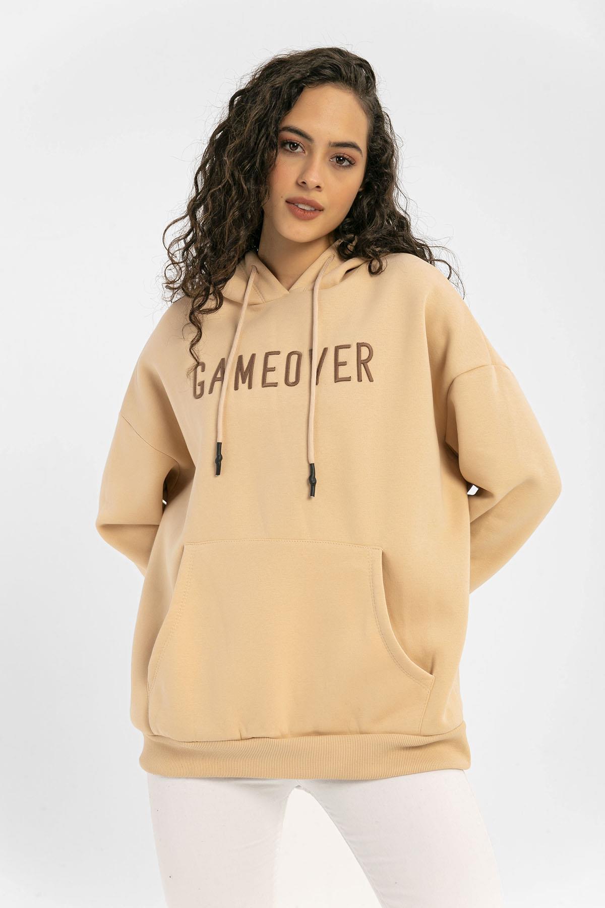 Kadın Önü Baskılı Kanguru Cepli Kapüşonlu Sweatshirt