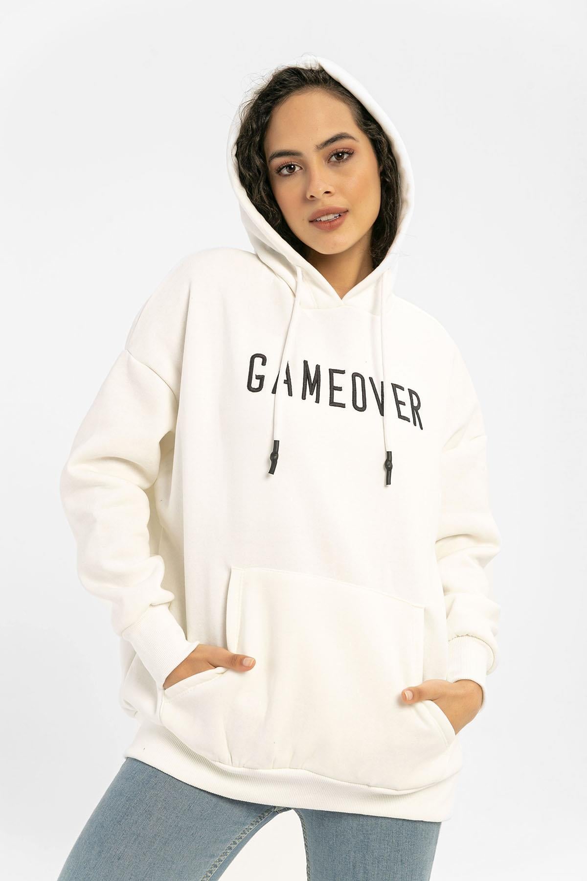 Kadın Önü Baskılı Kanguru Cepli Kapüşonlu Sweatshirt