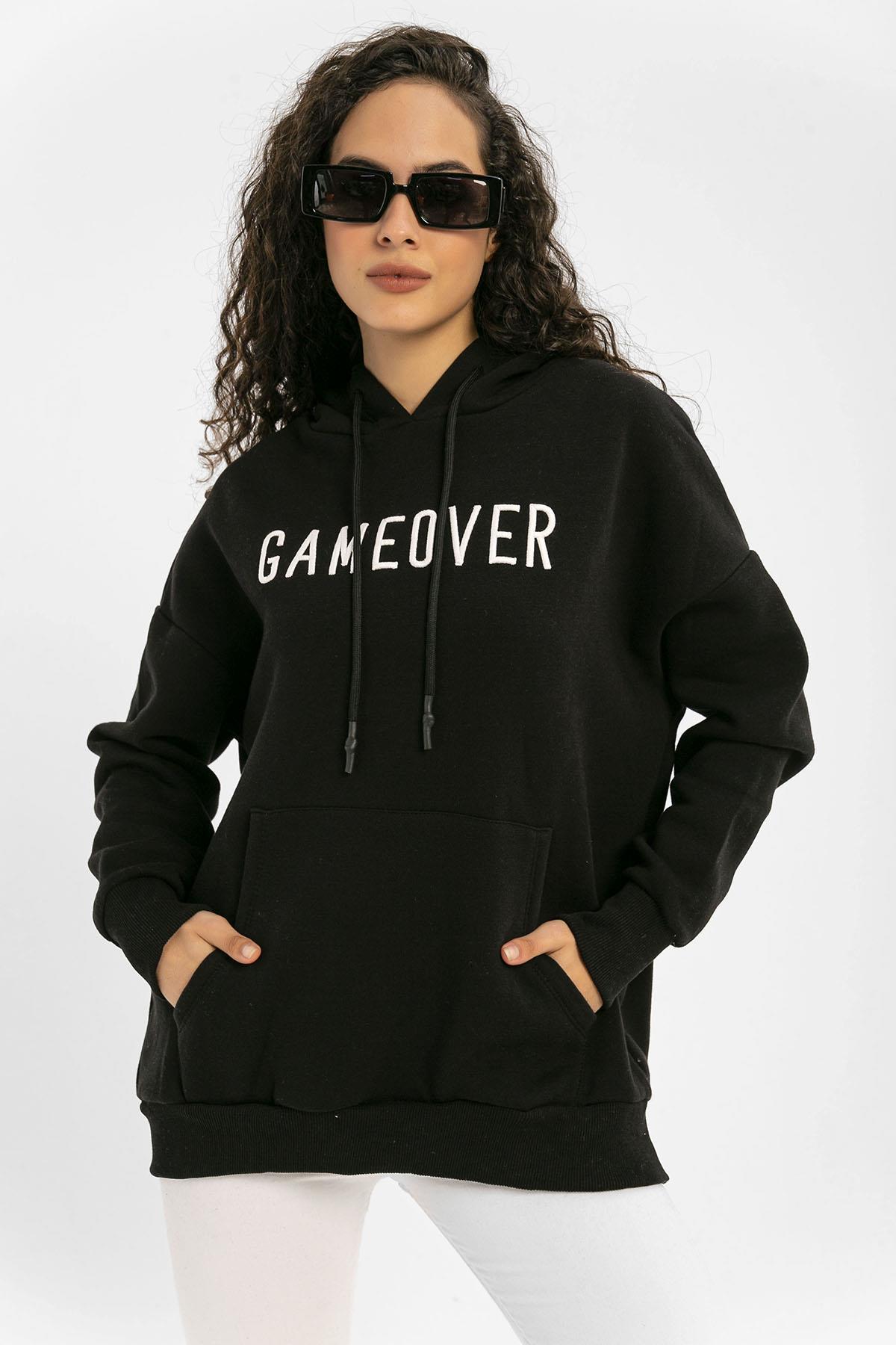 Kadın Önü Baskılı Kanguru Cepli Kapüşonlu Sweatshirt