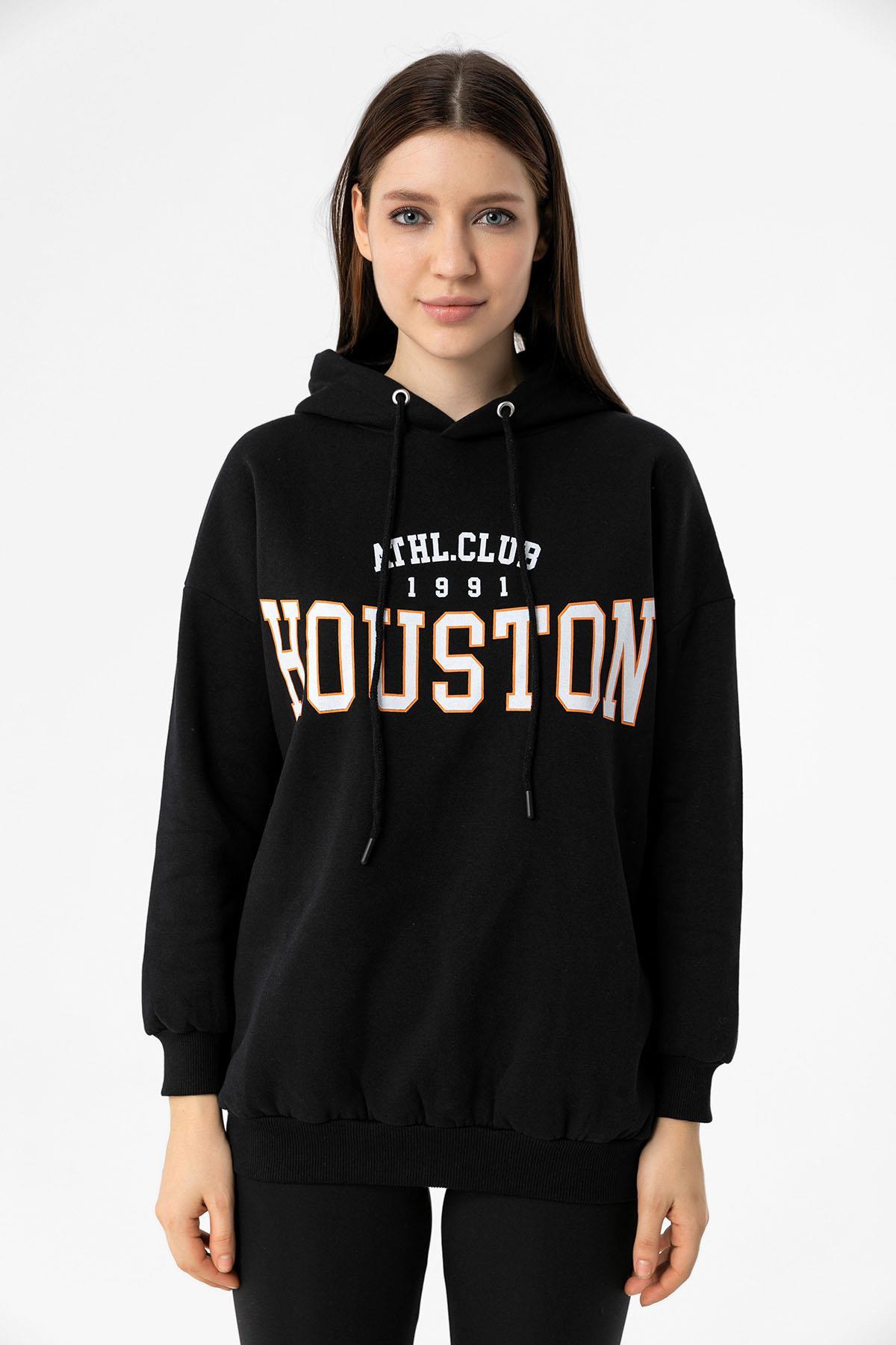 Kadın Önü Baskılı Kapüşon Detaylı Üç İplik Sweatshirt 235018 -