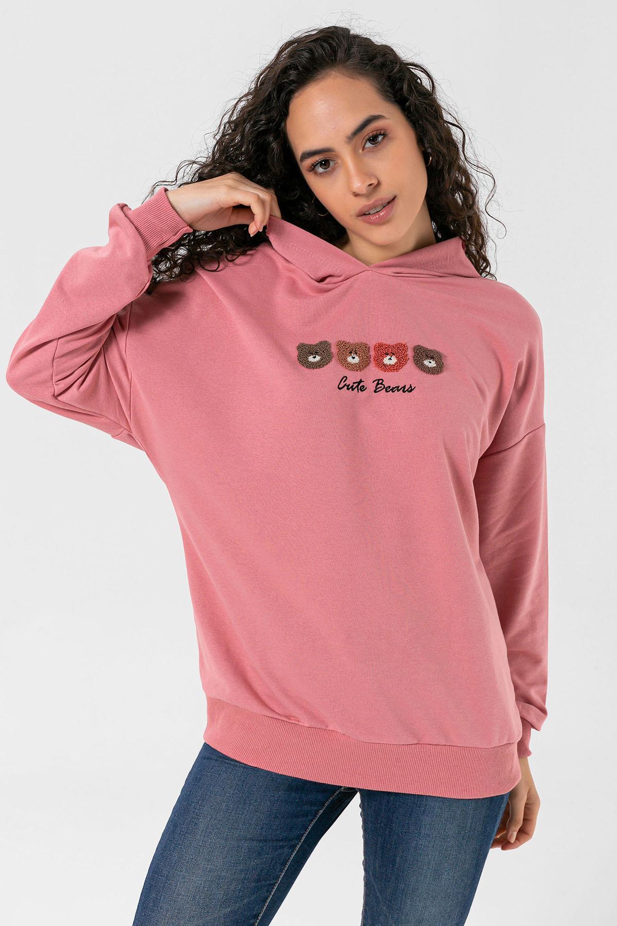 Kadın Önü Baskılı Kapüşonlu Oversize Sweatshirt