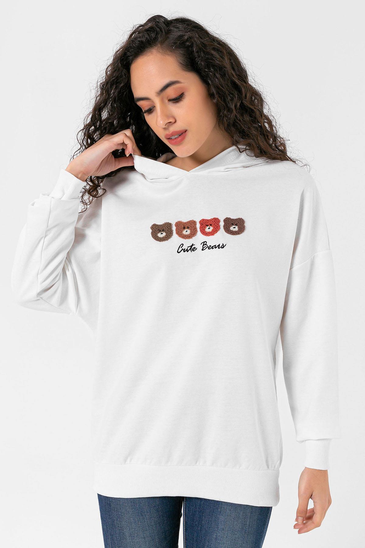Kadın Önü Baskılı Kapüşonlu Oversize Sweatshirt