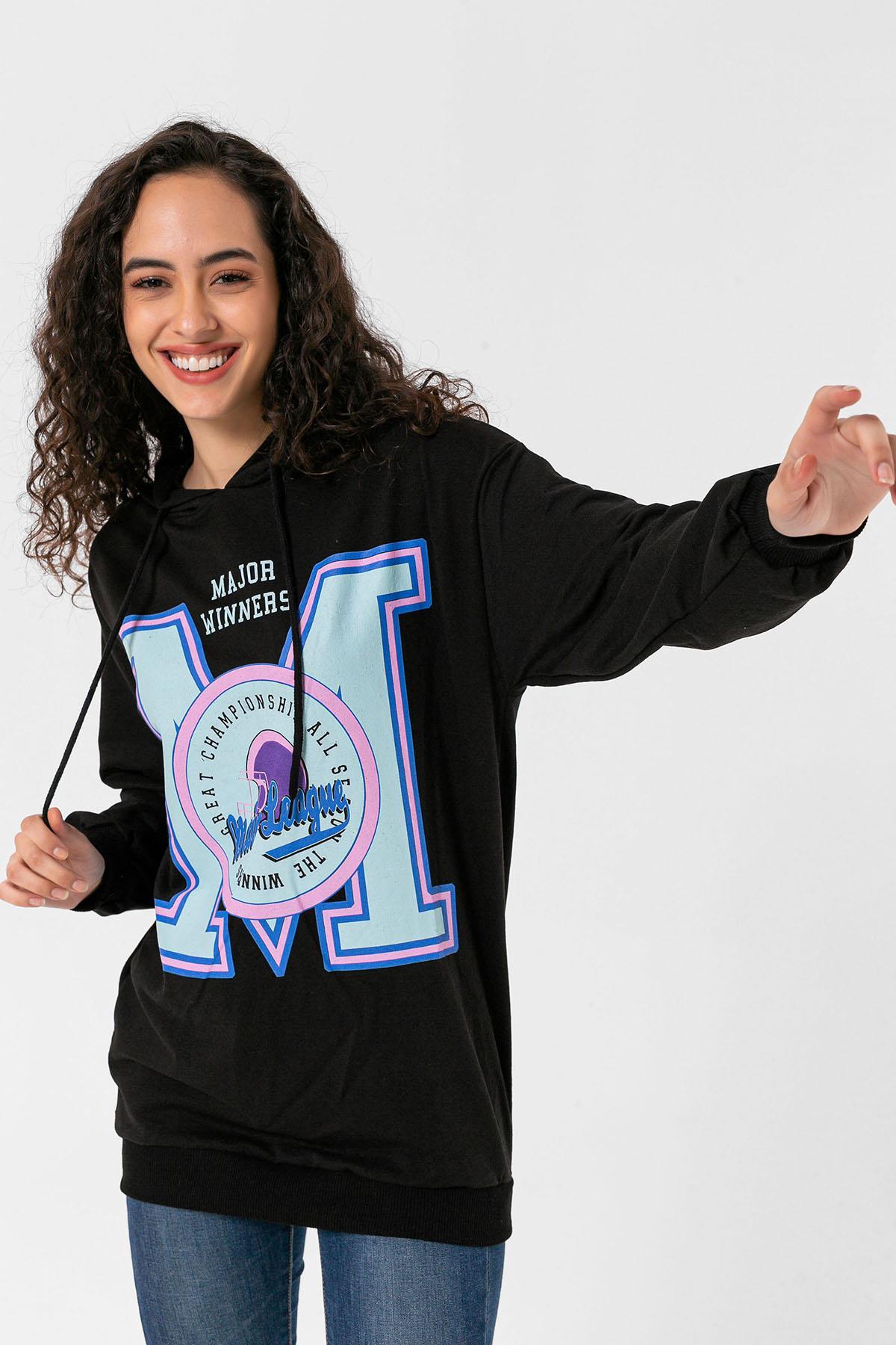 Kadın Önü Baskılı Kapüşonlu Oversize Sweatshirt