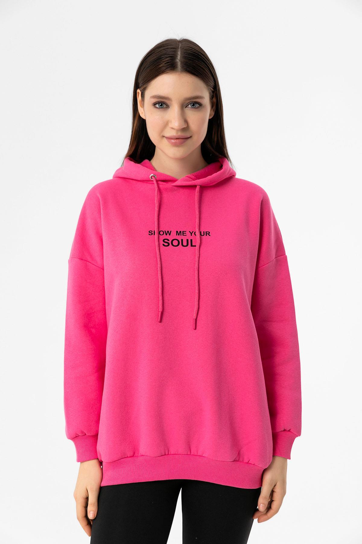 Kadın Önü Baskılı Kapüşonlu Üç İplik Sweatshirt 235020 -
