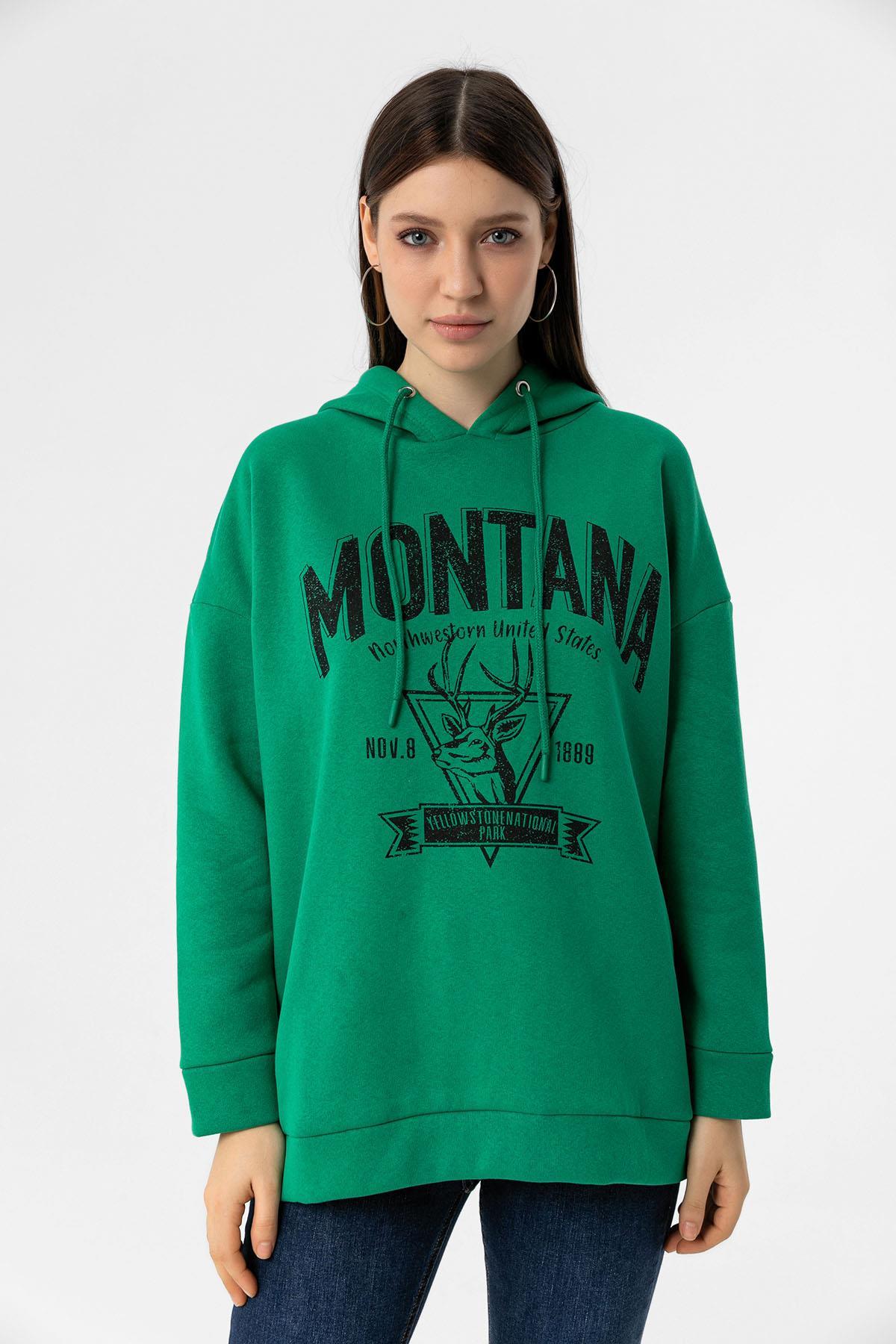 Kadın Önü Baskılı Kapüşonlu Üç İplik Sweatshirt 235019 -