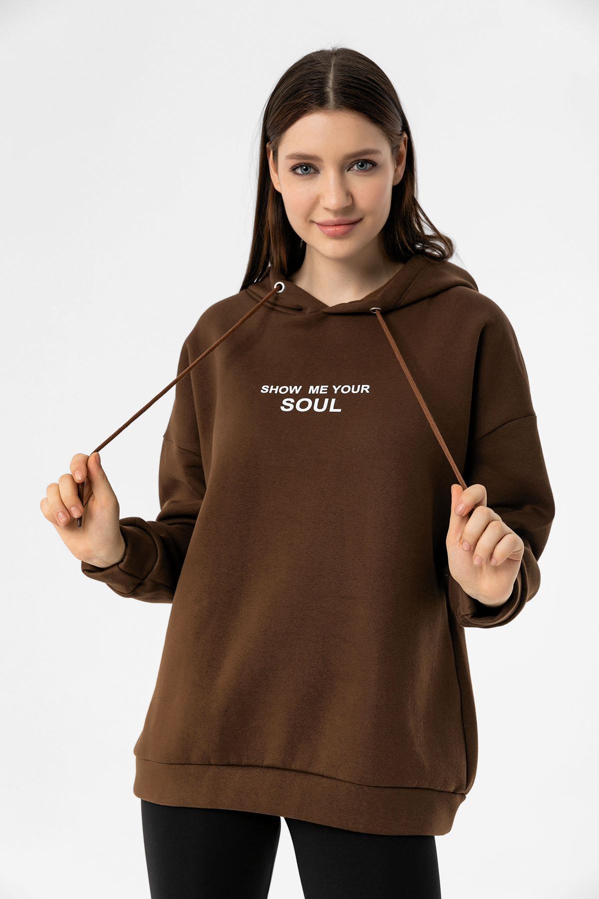 Kadın Önü Baskılı Kapüşonlu Üç İplik Sweatshirt 235020 -