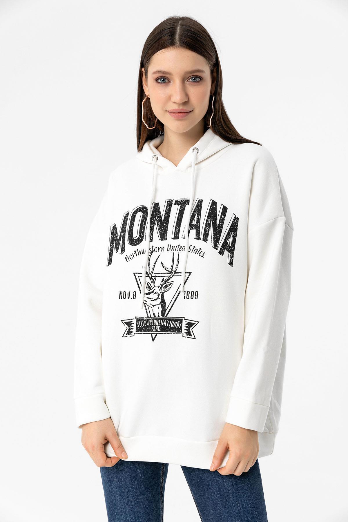 Kadın Önü Baskılı Kapüşonlu Üç İplik Sweatshirt 235019 -