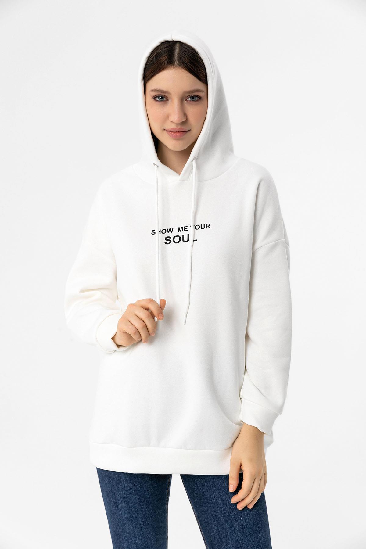 Kadın Önü Baskılı Kapüşonlu Üç İplik Sweatshirt 235020 -