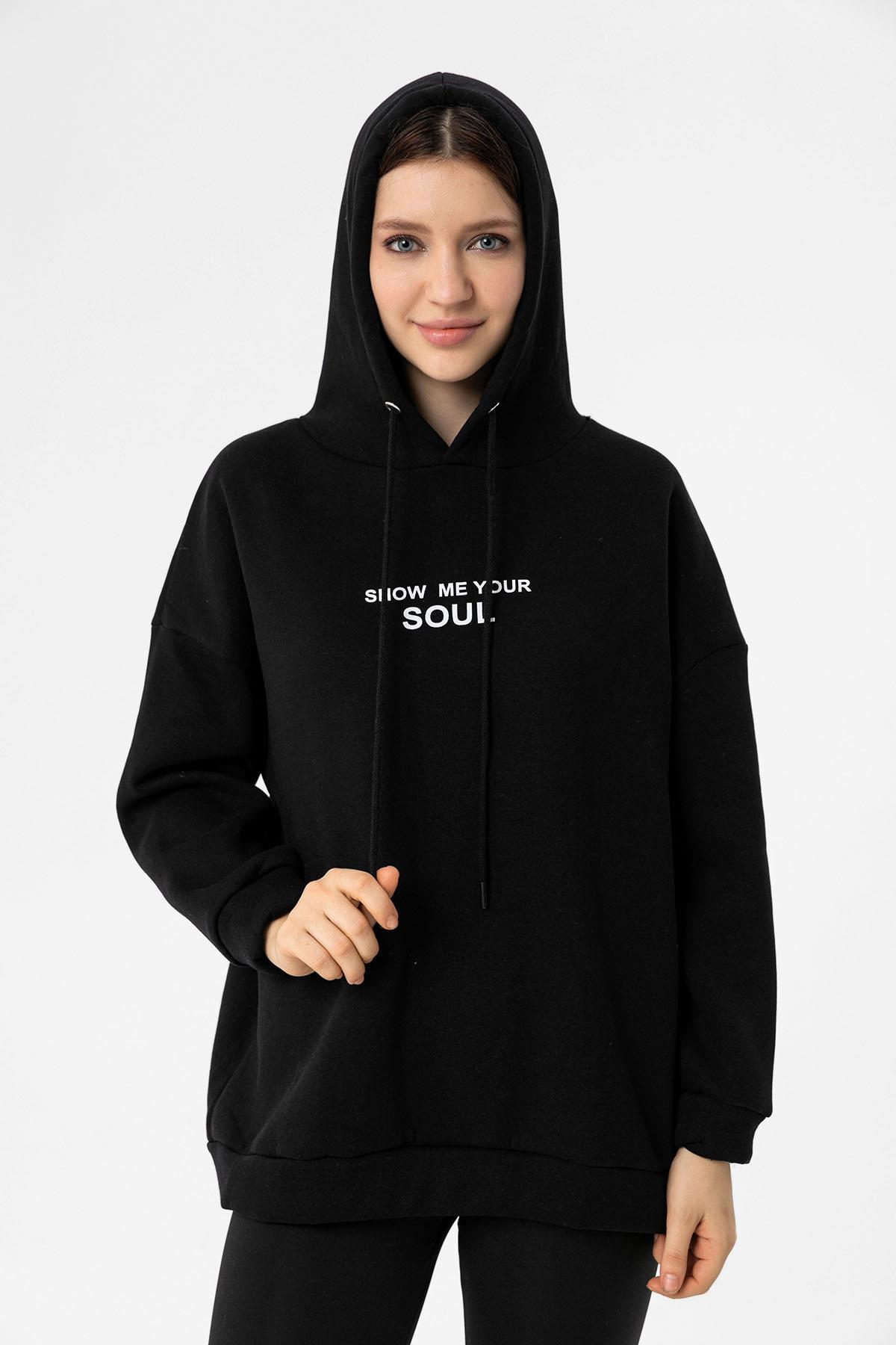 Kadın Önü Baskılı Kapüşonlu Üç İplik Sweatshirt 235020 -