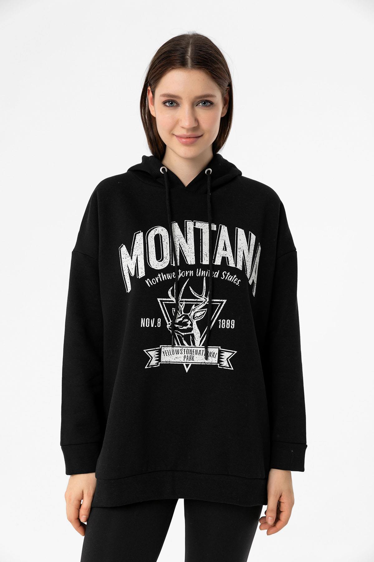 Kadın Önü Baskılı Kapüşonlu Üç İplik Sweatshirt 235019 -