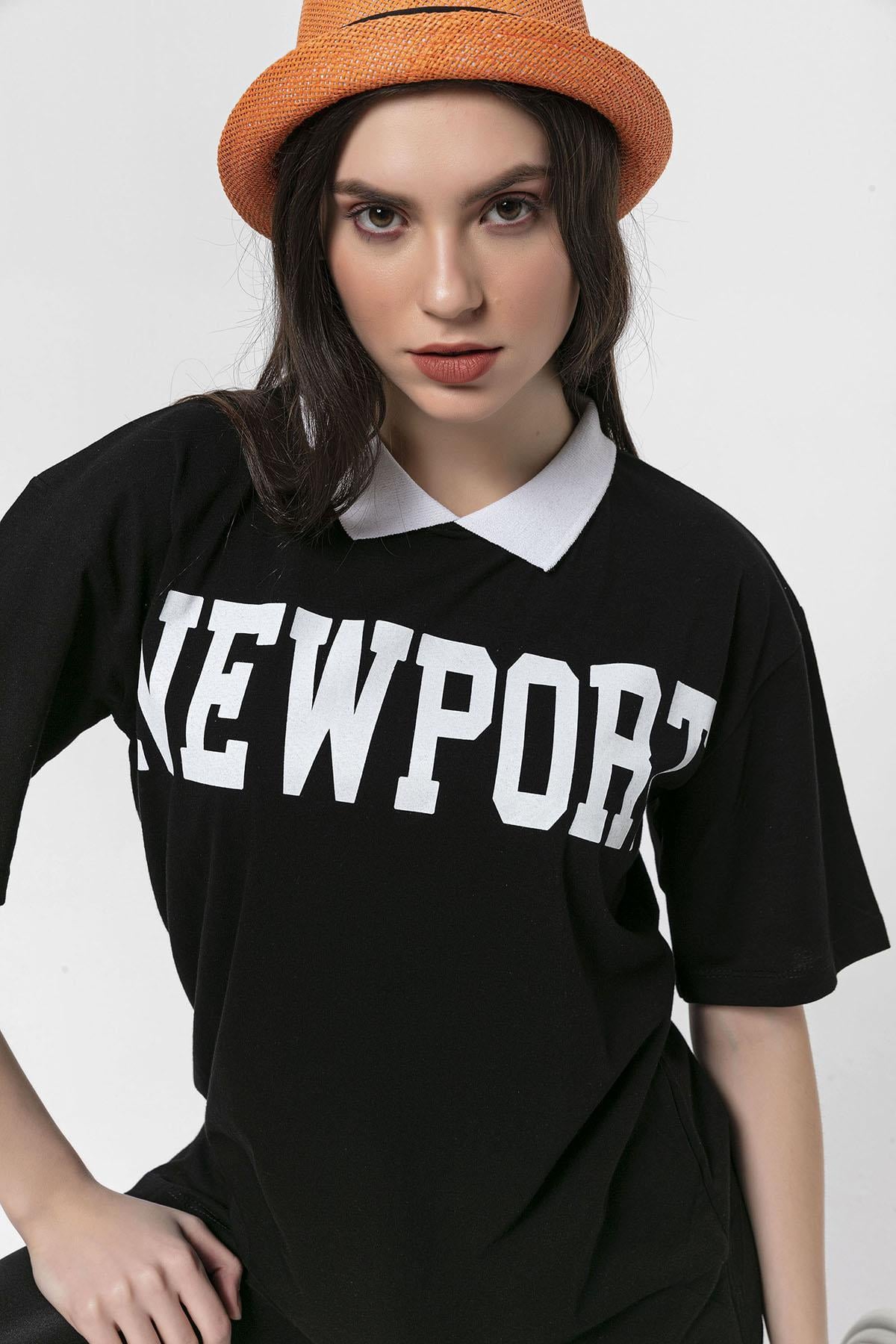 Kadın Önü Baskılı Yaka Detaylı Oversize T-Shirt
