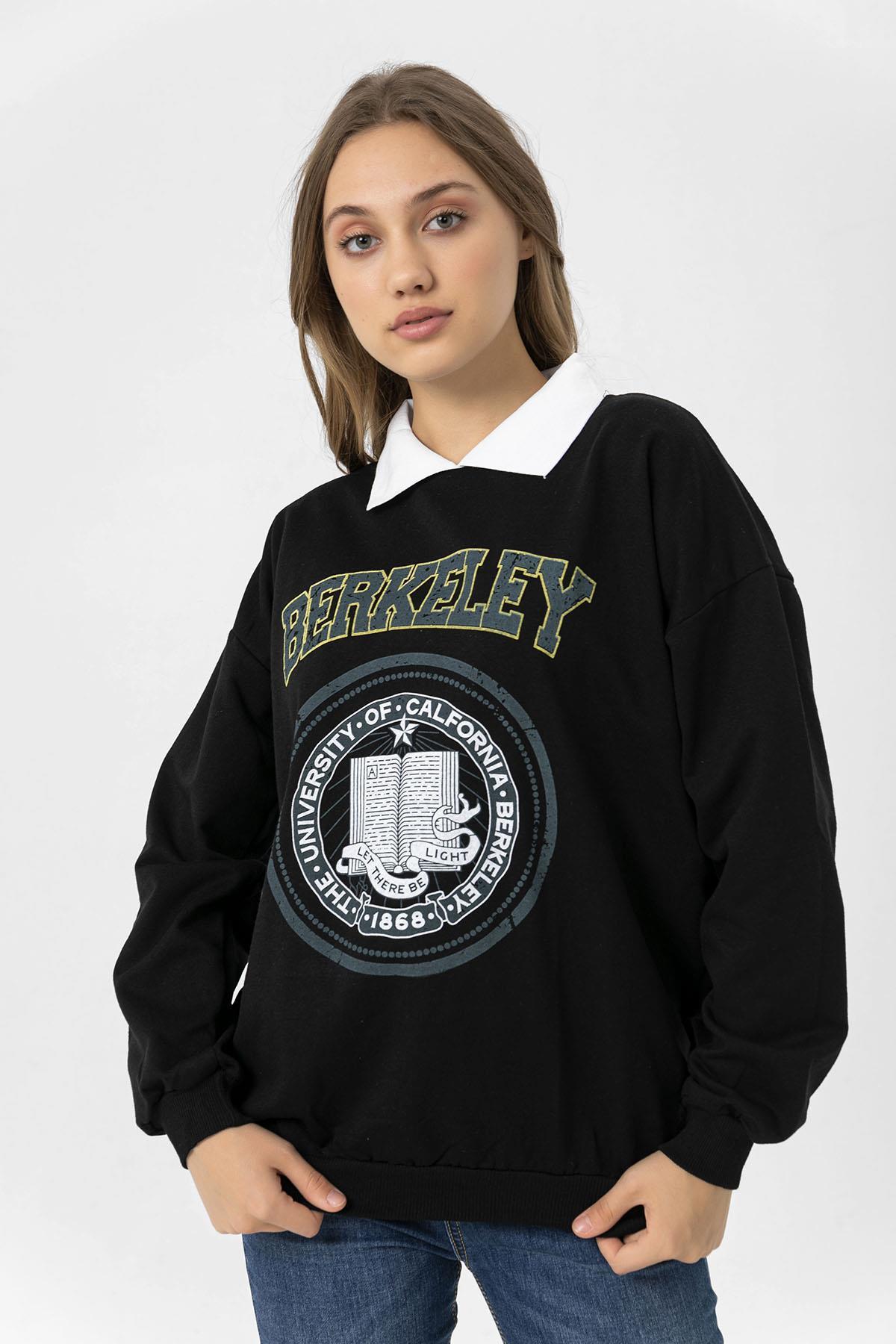 Kadın Önü Baskılı Yakalı Oversize Sweatshirt