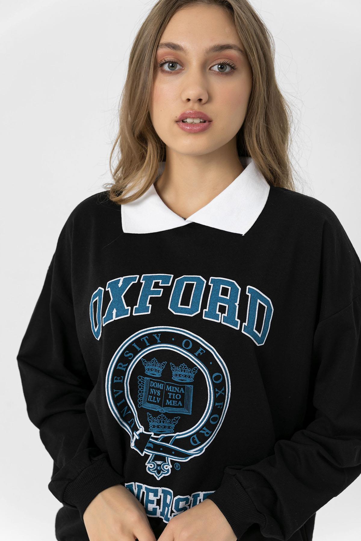 Kadın Önü Baskılı Yakalı Oversize Sweatshirt