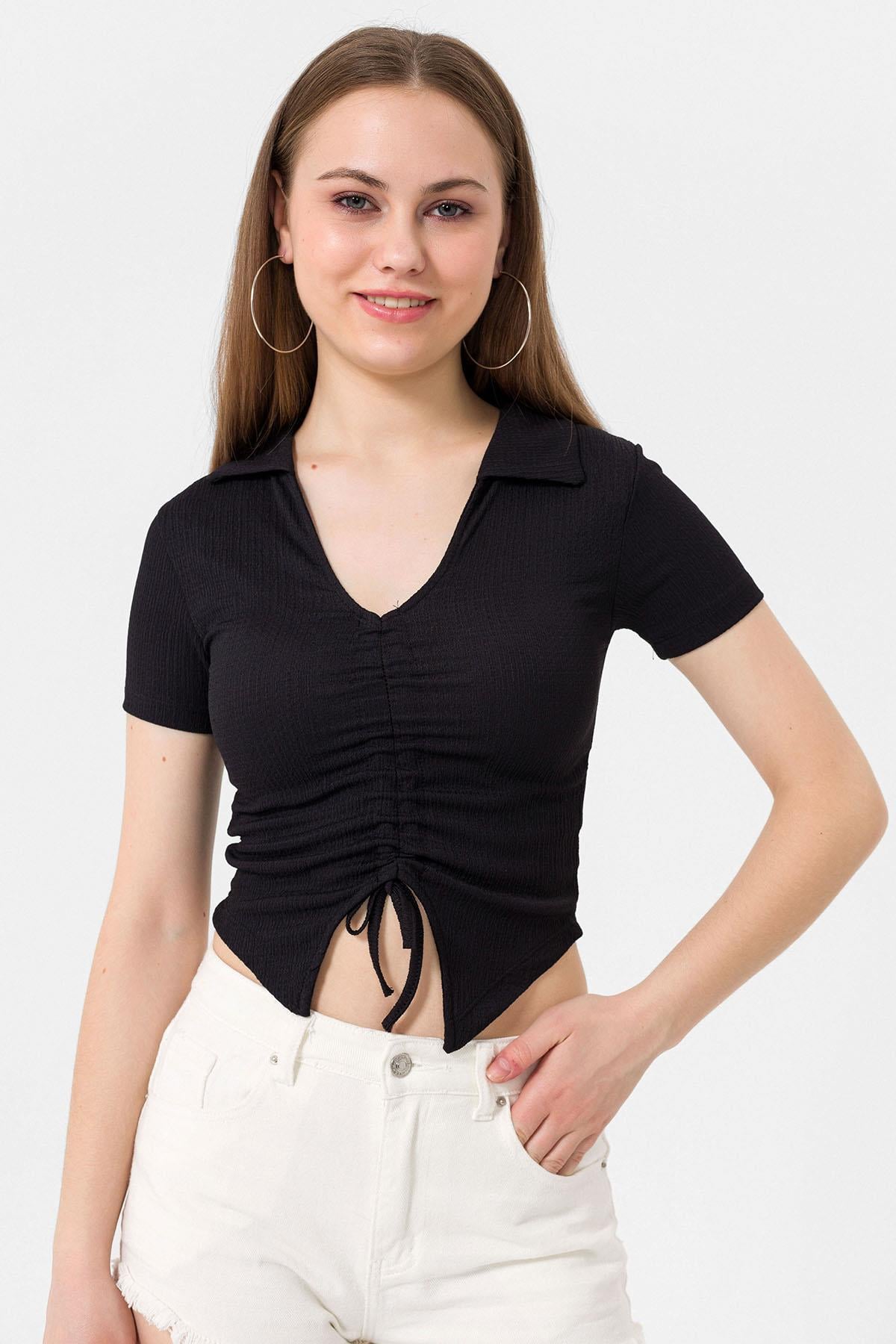 Kadın Önü Büzgü Detaylı Crop Bluz 240009 -