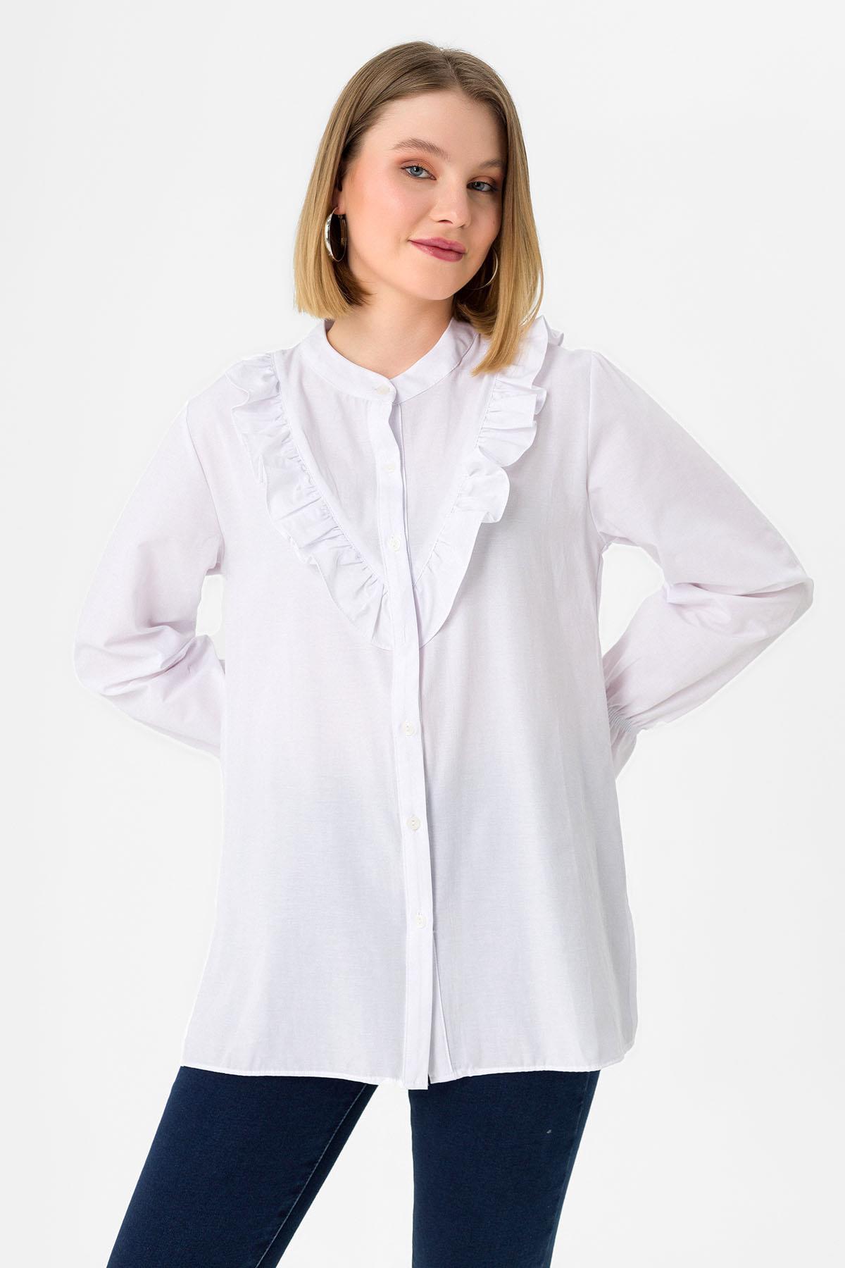 Kadın Önü Fırfır Detaylı Poplin Gömlek