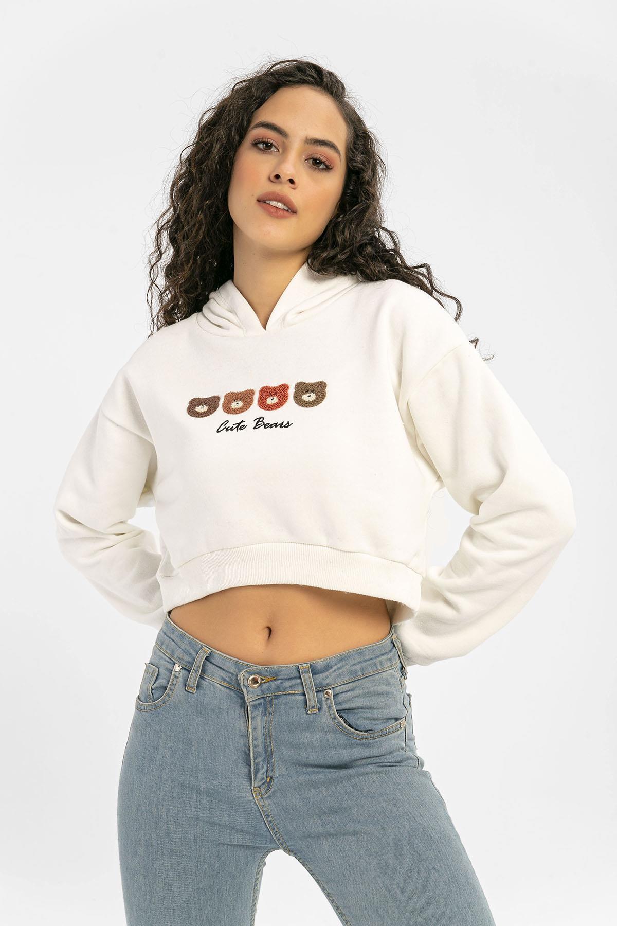 Kadın Önü İşlemeli Kapüşonlu Kısa Sweatshirt