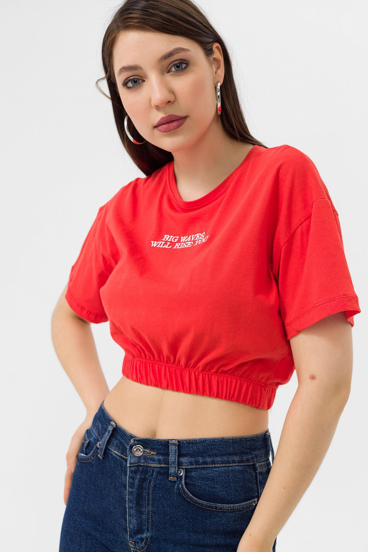 Kadın Önü Yazı Altı Lastik Detaylı Bisiklet Yaka Kısa T-Shirt 240008 -