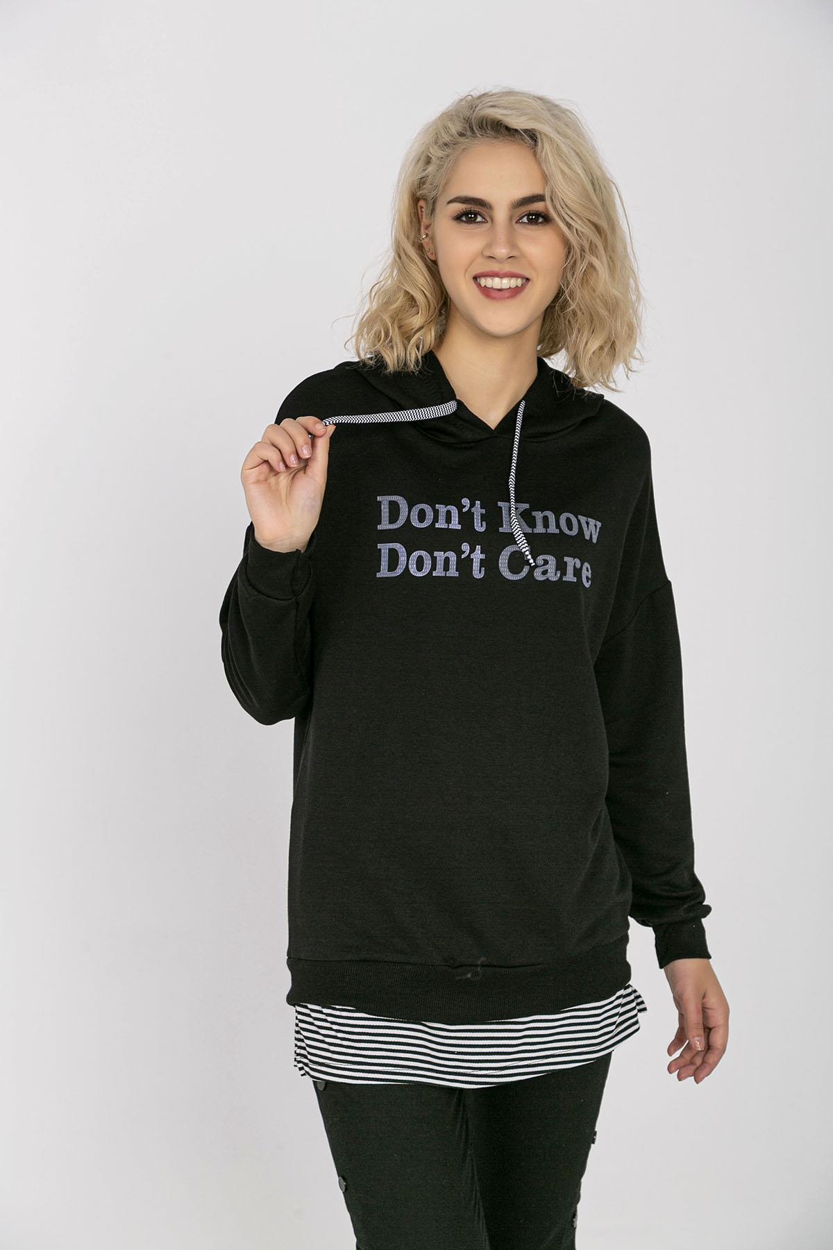 Kadın Önü Yazı Baskılı Çift Görünümlü Kapüşonlu Uzun Sweatshirt