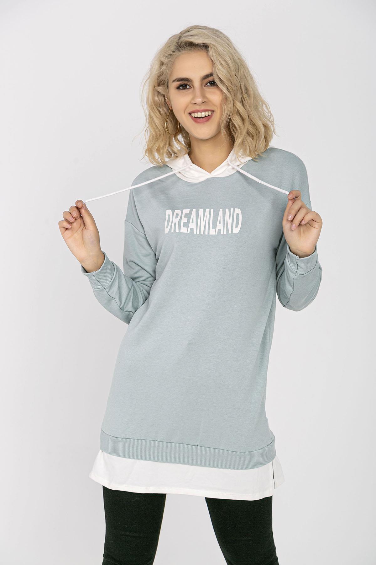 Kadın Önü Yazı Detaylı Kapüşonlu Uzun Sweatshirt