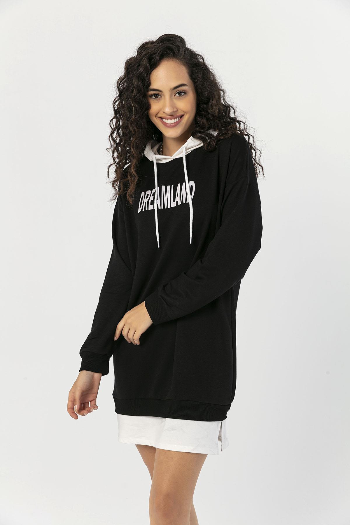 Kadın Önü Yazı Detaylı Kapüşonlu Uzun Sweatshirt