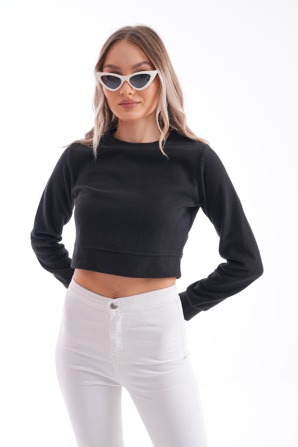 Kadın Selanik Örme Bisiklet Yaka Kısa Sweatshirt 245278 -