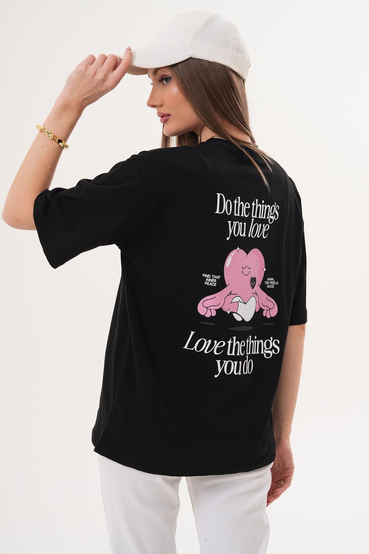 Kadın Sırt Baskı Detaylı Bisiklet Yaka Oversize Tişört - 260151